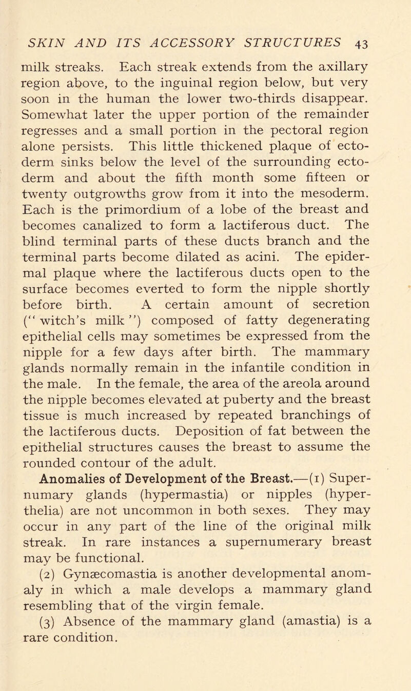 milk streaks. Each streak extends from the axillary region above, to the inguinal region below, but very soon in the human the lower two-thirds disappear. Somewhat later the upper portion of the remainder regresses and a small portion in the pectoral region alone persists. This little thickened plaque of ecto- derm sinks below the level of the surrounding ecto- derm and about the fifth month some fifteen or twenty outgrowths grow from it into the mesoderm. Each is the primordium of a lobe of the breast and becomes canalized to form a lactiferous duct. The blind terminal parts of these ducts branch and the terminal parts become dilated as acini. The epider- mal plaque where the lactiferous ducts open to the surface becomes everted to form the nipple shortly before birth. A certain amount of secretion (“ witch’s milk ”) composed of fatty degenerating epithelial cells may sometimes be expressed from the nipple for a few days after birth. The mammary glands normally remain in the infantile condition in the male. In the female, the area of the areola around the nipple becomes elevated at puberty and the breast tissue is much increased by repeated branchings of the lactiferous ducts. Deposition of fat between the epithelial structures causes the breast to assume the rounded contour of the adult. Anomalies of Development of the Breast.—(1) Super- numary glands (hypermastia) or nipples (hyper- thelia) are not uncommon in both sexes. They may occur in any part of the line of the original milk streak. In rare instances a supernumerary breast may be functional. (2) Gynsecomastia is another developmental anom- aly in which a male develops a mammary gland resembling that of the virgin female. (3) Absence of the mammary gland (amastia) is a rare condition.