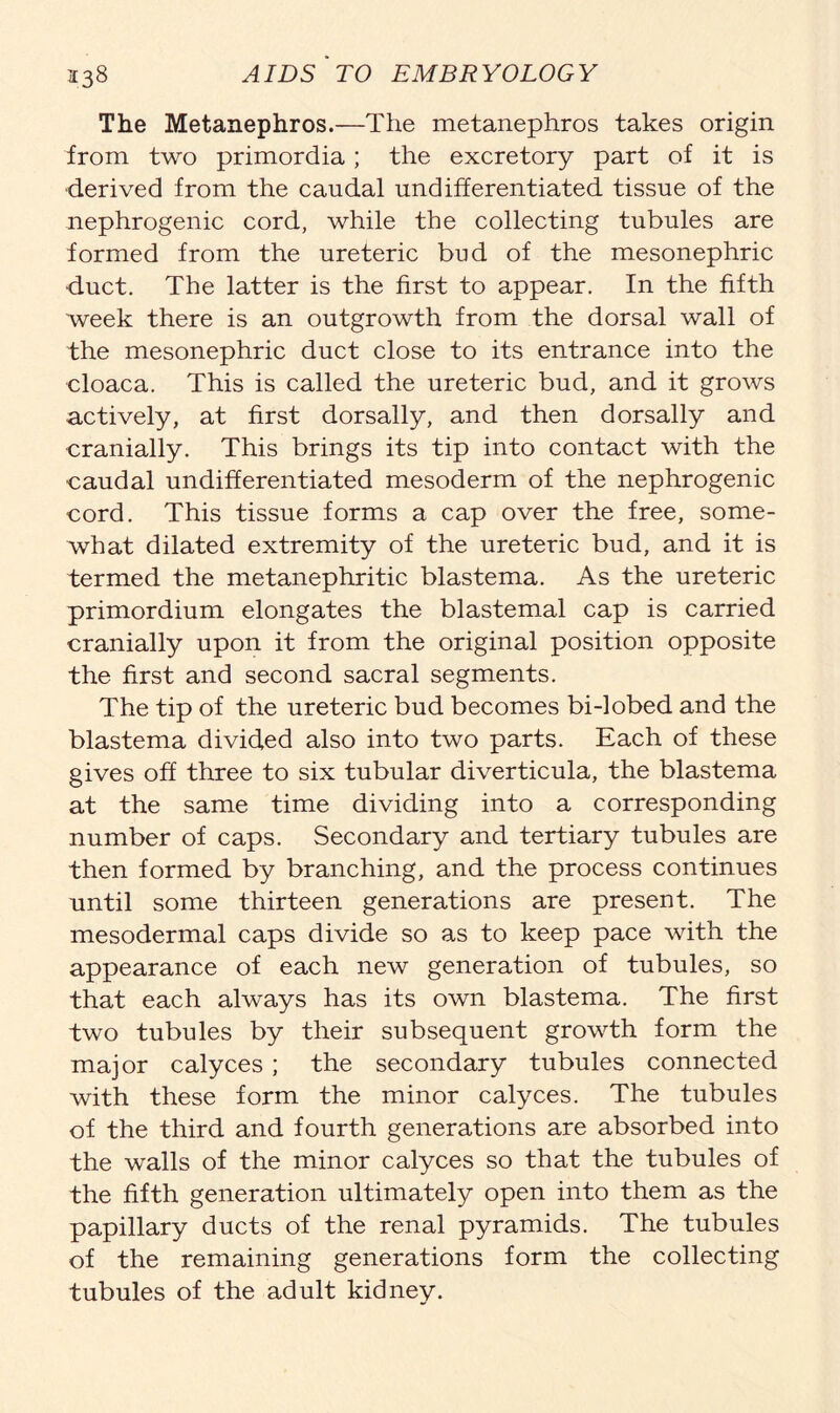 The Metanephros.—The metanephros takes origin from two primordia; the excretory part of it is derived from the caudal undifferentiated tissue of the nephrogenic cord, while the collecting tubules are formed from the ureteric bud of the mesonephric duct. The latter is the first to appear. In the fifth week there is an outgrowth from the dorsal wall of the mesonephric duct close to its entrance into the cloaca. This is called the ureteric bud, and it grows actively, at first dorsally, and then dorsally and cranially. This brings its tip into contact with the caudal undifferentiated mesoderm of the nephrogenic cord. This tissue forms a cap over the free, some- what dilated extremity of the ureteric bud, and it is termed the metanephritic blastema. As the ureteric primordium elongates the blastemal cap is carried cranially upon it from the original position opposite the first and second sacral segments. The tip of the ureteric bud becomes bi-lobed and the blastema divided also into two parts. Each of these gives off three to six tubular diverticula, the blastema at the same time dividing into a corresponding number of caps. Secondary and tertiary tubules are then formed by branching, and the process continues until some thirteen generations are present. The mesodermal caps divide so as to keep pace with the appearance of each new generation of tubules, so that each always has its own blastema. The first two tubules by their subsequent growth form the major calyces; the secondary tubules connected with these form the minor calyces. The tubules of the third and fourth generations are absorbed into the walls of the minor calyces so that the tubules of the fifth generation ultimately open into them as the papillary ducts of the renal pyramids. The tubules of the remaining generations form the collecting tubules of the adult kidney.