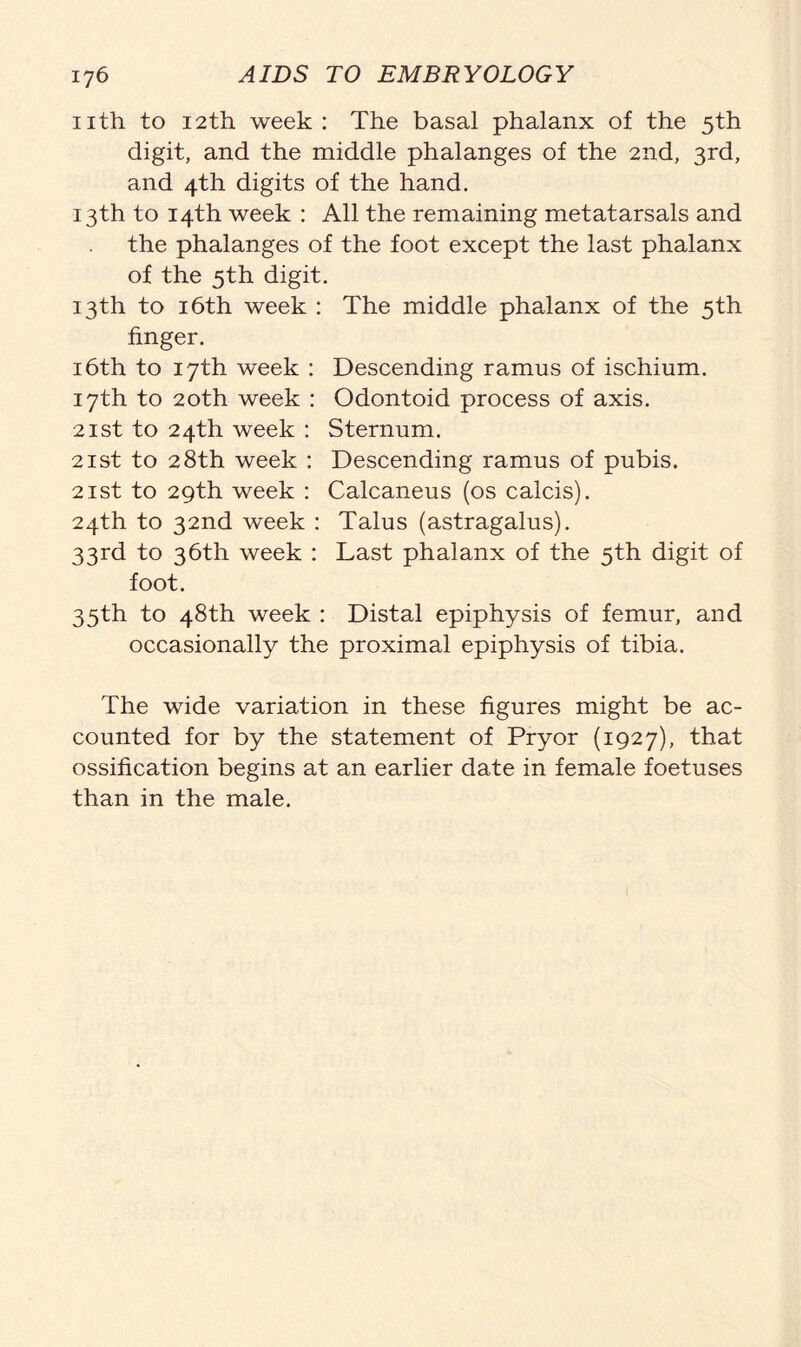 nth to 12th week : The basal phalanx of the 5th digit, and the middle phalanges of the 2nd, 3rd, and 4th digits of the hand. 13th to 14th week : All the remaining metatarsals and the phalanges of the foot except the last phalanx of the 5th digit. 13th to 16th week : The middle phalanx of the 5th finger. 16th to 17th week : Descending ramus of ischium. 17th to 20th week : Odontoid process of axis. 21st to 24th week : Sternum. 21st to 28th week : Descending ramus of pubis. 21st to 29th week : Calcaneus (os calcis). 24th to 32nd week : Talus (astragalus). 33rd to 36th week : Last phalanx of the 5th digit of foot. 35th to 48th week : Distal epiphysis of femur, and occasionally the proximal epiphysis of tibia. The wide variation in these figures might be ac- counted for by the statement of Pryor (1927), that ossification begins at an earlier date in female foetuses than in the male.