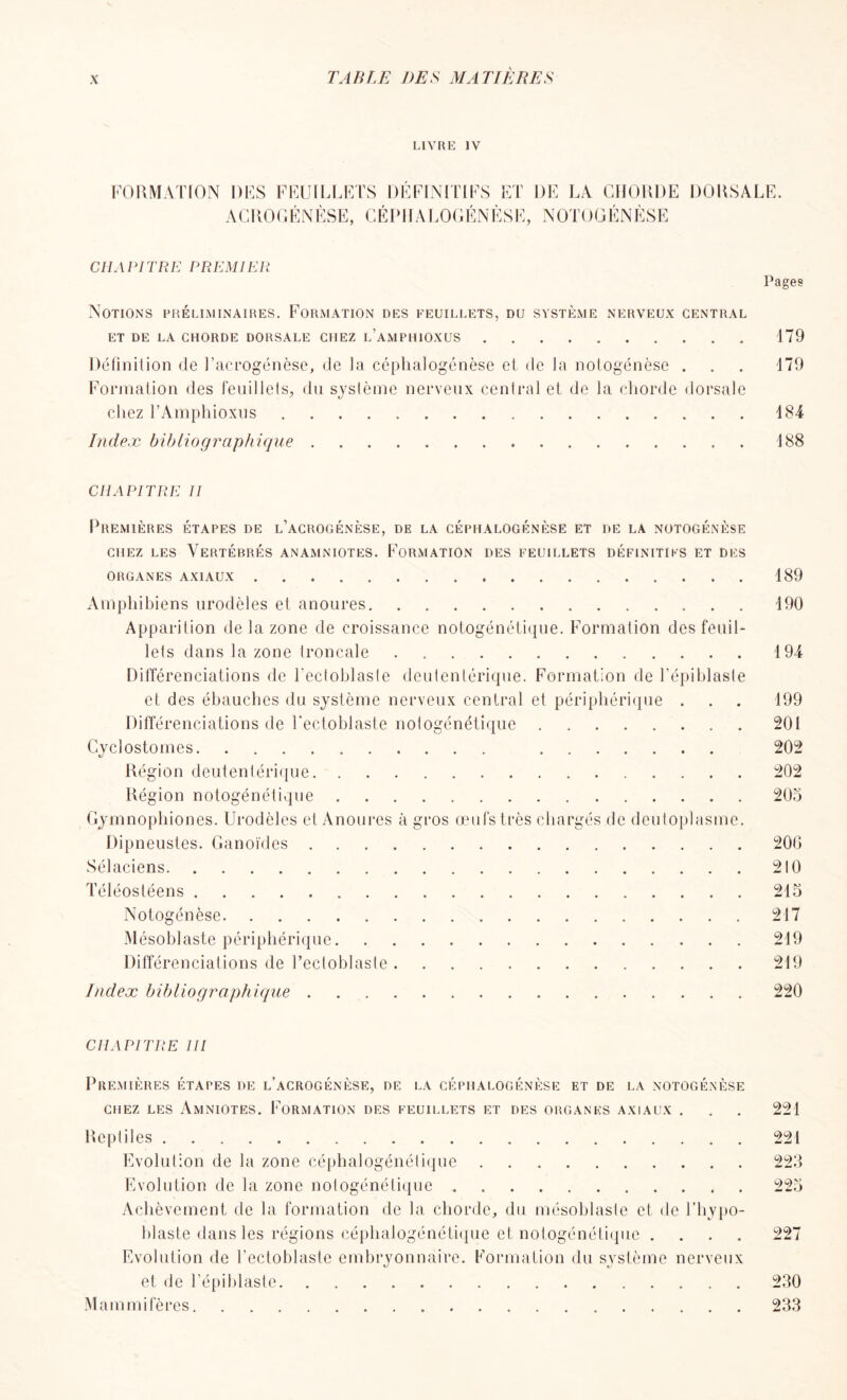 LIVRE IV FORMATION DES FEUILLETS DÉFINITIFS ET 1)E LA CHORDE DORSALE. ACROGÉNÈSE, CÉPHALOGÉNÈSE, NOTOGÉNÈSE CHAPITRE PREMIER Pages Notions préliminaires. Formation des feuillets, du système nerveux central ET DE LA CHORDE DORSALE CHEZ l’amPHIOXUS 179 Définition de Facrogénèse, (Je la céphalogénèse et de la notogénèse . . . 179 Formation des feuillets, du système nerveux central et de la chorde dorsale chez l’Amphioxus 184 Index bibliographique 188 CHAPITRE II Premières étapes de l’acrogénèse, de la céphalogénèse et de la notogénèse chez les Vertébrés anamniotes. Formation des feuillets définitifs et des ORGANES AXIAUX Amphibiens urodèles et anoures Apparition de la zone de croissance notogénétique. Formation des feuil- lets dans la zone troncale Différenciations de fectoblaste deutentérique. Formation de fépiblaste et des ébauches du système nerveux central et périphérique . Différenciations de Fectoblaste notogénétique Cycîostomes Région deutentérique Région notogénétique Gymnophiones. Urodèles et Anoures à gros œufs très chargés de deutoplasme. Dipneustes. Ganoïdes Sélaciens Téléostéens Notogénèse Mésoblaste périphérique Différenciations de Fectoblaste Index bibliographique 189 190 194 199 201 202 202 205 206 210 215 217 219 219 220 CHAPITRE III Premières étapes de l’acrogénèse, de la céphalogénèse et de la notogénèse CHEZ LES AMNIOTES. FORMATION DES FEUILLETS ET DES ORGANES AXIAUX . . . 221 Reptiles 221 Evolution de la zone céphalogénétique 223 Evolution de la zone notogénétique 225 Achèvement de la formation de la chorde, du mésoblaste et de l’hypo- blaste dans les régions céphalogénétique et notogénétique .... 227 Evolution de Fectoblaste embryonnaire. Formation du système nerveux et de Fépiblaste 230 Mammifères 233
