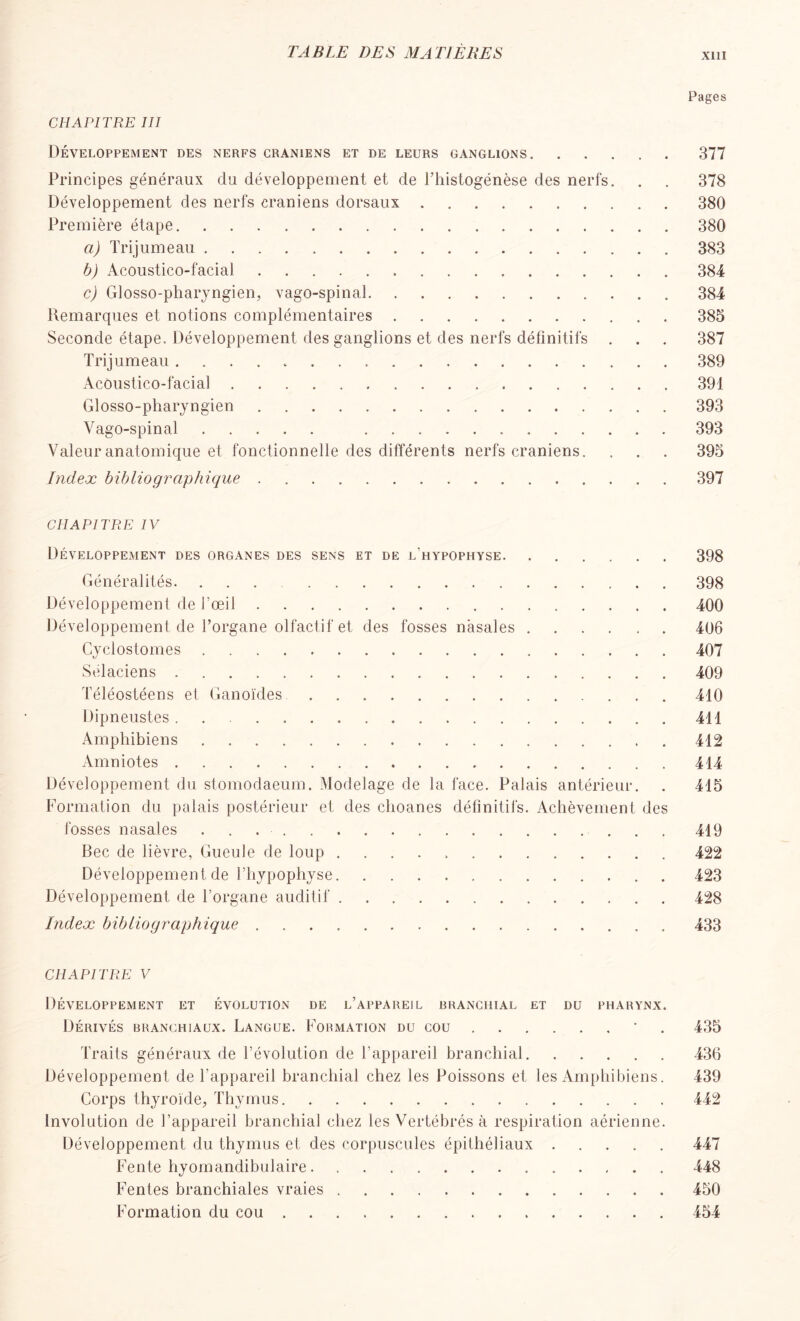 Pages CHAPITRE III Développement des nerfs crâniens et de leurs ganglions 377 Principes généraux du développement et de l’histogénèse des nerfs. . . 378 Développement des nerfs crâniens dorsaux 380 Première étape 380 a) Trijumeau 383 b) Acoustico-facial 384 c) Glosso-pharyngien, vago-spinal 384 Remarques et notions complémentaires 385 Seconde étape. Développement des ganglions et des nerfs définitifs . . . 387 Trijumeau 389 Acoustico-facial 391 Glosso-pharyngien 393 Vago-spinal 393 Valeur anatomique et fonctionnelle des différents nerfs crâniens. . . . 395 Index bibliographique 397 CHAPITRE IV Développement des organes des sens et de l'hypophyse 398 Généralités. 398 Développement de l’œil 400 Développement de l’organe olfactif et des fosses nasales 406 Cyclostomes 407 Sélaciens 409 Téléostéens et Ganoïdes 410 Dipneustes 411 Amphibiens 412 Amniotes 414 Développement du stomodaeum. Modelage de la face. Palais antérieur. . 415 Formation du palais postérieur et des choanes définitifs. Achèvement des fosses nasales 419 Bec de lièvre, Gueule de loup 422 Développement de l’hypophyse 423 Développement de l’organe auditif 428 Index bibliographique 433 CHAPITRE V Développement et évolution de l’appareil branchial et du pharynx. Dérivés branchiaux. Langue. Formation du cou ’ 435 Traits généraux de l’évolution de l’appareil branchial 436 Développement de l’appareil branchial chez les Poissons et les Amphibiens. 439 Corps thyroïde, Thymus 442 Involution de l’appareil branchial chez les Vertébrés à respiration aérienne. Développement du thymus et des corpuscules épithéliaux 447 Fente hyomandibulaire 448 Fentes branchiales vraies 450 Formation du cou 454