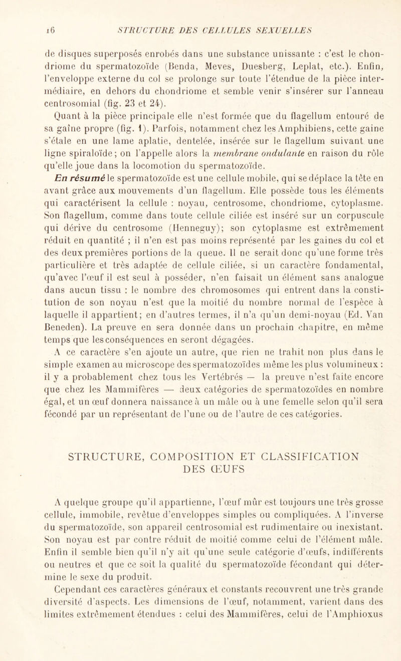 de disques superposés enrobés dans une substance unissante : c’est le chon- driome du spermatozoïde (Benda, Meves, Duesberg, Leplat, etc.). Enfin, l’enveloppe externe du col se prolonge sur toute l’étendue de la pièce inter- médiaire, en dehors du chondriome et semble venir s’insérer sur l’anneau centrosomial (fig. 23 et 24). Quant à la pièce principale elle n’est formée que du flagellum entouré de sa gaine propre (fig. 1). Parfois, notamment chez les Amphibiens, cette gaine s’étale en une lame aplatie, dentelée, insérée sur le flagellum suivant une ligne spiraloïde; on l’appelle alors la membrane ondulante en raison du rôle qu’elle joue dans la locomotion du spermatozoïde. En résumé le spermatozoïde est une cellule mobile, qui se déplace la tête en avant grâce aux mouvements d’un flagellum. Elle possède tous les éléments qui caractérisent la cellule : noyau, centrosome, chondriome, cytoplasme. Son flagellum, comme dans toute cellule ciliée est inséré sur un corpuscule qui dérive du centrosome (Henneguy); son cytoplasme est extrêmement réduit en quantité ; il n’en est pas moins représenté par les gaines du col et des deux premières portions de la queue. 11 ne serait donc qu’une forme très particulière et très adaptée de cellule ciliée, si un caractère fondamental, qu’avec l’œuf il est seul à posséder, n’en faisait un élément sans analogue dans aucun tissu : le nombre des chromosomes qui entrent dans la consti- tution de son noyau n’est que la moitié du nombre normal de l’espèce à laquelle il appartient; en d’autres termes, il n’a qu’un demi-noyau (Ed. Van Beneden). La preuve en sera donnée dans un prochain chapitre, en même temps que les conséquences en seront dégagées. A ce caractère s’en ajoute un autre, que rien ne trahit non plus dans le simple examen au microscope des spermatozoïdes même les plus volumineux : il y a probablement chez tous les Vertébrés — la preuve n’est faite encore que chez les Mammifères — deux catégories de spermatozoïdes en nombre égal, et un œuf donnera naissance à un mâle ou à une femelle selon qu’il sera fécondé par un représentant de l’une ou de l’autre de ces catégories. STRUCTURE, COMPOSITION ET CLASSIFICATION DES ŒUFS A quelque groupe qu’il appartienne, l’œuf mûr est toujours une très grosse cellule, immobile, revêtue d’enveloppes simples ou compliquées. A l’jnverse du spermatozoïde, son appareil centrosomial est rudimentaire ou inexistant. Son noyau est par contre réduit de moitié comme celui de l’élément mâle. Enfin il semble bien qu’il n’y ait qu’une seule catégorie d’œufs, indifférents ou neutres et que ce soit la qualité du spermatozoïde fécondant qui déter- mine le sexe du produit. Cependant ces caractères généraux et constants recouvrent une très grande diversité d’aspects. Les dimensions de l’œuf, notamment, varient dans des limites extrêmement étendues : celui des Mammifères, celui de l’Amphioxus