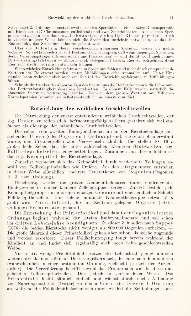 Spermiozyt 2. Ordnung — anstatt zwei normalen Spermiden — eine einzige Riesenspermide mit Riesenkern (47 Chromosomen enthaltend) und zwei Zentriolpaaren. Aus solchen Sper- miden entwickeln sich dann zweischwänzige, einköpfige Riesenspermien. Auch in vielerlei anderer Weise können sich die Spermiden unrichtig entwickeln, so daß ihr Endprodukt, das Spermium, abnorm gebaut wird. Über die Bedeutung dieser verschiedenen abnormen Spermien wissen wir nichts Sicheres. So viel läßt sich aber mit Bestimmtheit behaupten, daß wenn diejenigen Spermien, deren Vererbungsträger (Chromosomen und Plastosomen) —■ und damit wohl auch immer Entwicklungsfaktoren — abnorm sind, Gelegenheit haben, Eier zu befruchten, diese Eier sich nicht normal entwickeln können. Wenn wichtige Entwicklungsfaktoren im Spermium fehlen und nicht durch entsprechende Faktoren im Eie ersetzt werden, treten Mißbildungen oder Anomalien auf. Unter Um- ständen kann wahrscheinlich auch ein Zuviel der Entwicklungsfaktoren zu Mißbildungen führen. Sehr oft dürfte aber der abnorme Bau des Spermiums die Reizbarkeit sowie die Schwimm- oder Perforationsfähigkeit desselben herabsetzen. In diesem Falle werden natürlich die abnormen Spermien vollständig harmlos. Denn in dem großen Wettlauf mit Millionen Normalspermien kommen sie selbstverständlich nie zuerst zum Ziel. Entwicklung der weiblichen Geschlechtszellen. Die Entwicklung der zuerst entstandenen weiblichen Geschlechtszellen, der sog. Ureier, zu reifen (d. h. befruchtungsfähigen) Eiern gestaltet sich viel ein- facher als diejenige der männlichen Geschlechtszellen. Die schon vom zweiten Embryonalmonat an in der Eierstockanlage ent- stehenden Ureier (oder Oogonien 1. Ordnung) sind, wie schon oben erwähnt wurde, den Ursamenzellen zum Verwechseln ähnlich. Sie stellen 10^—16 (.i gToße, helle Zellen dar, die unter zahlreichen, kleineren Stützzellen, sog. Follikelepithelzellen, eingebettet liegen. Zusammen mit diesen bilden sie das sog. Keimepithel der Eierstockanlage. Zunächst vermehrt sich das Keimepithel durch wiederholte Teilungen so- wohl von Follikelepithelzellen wie Ureiern. Aus den letztgenannten entstehen in dieser Weise allmählich mehrere Generationen von Oogonien (Oogonien 2., 3. usw. Ordnung). Gleichzeitig werden die großen Keimepithelmassen durch eindringendes Bindegewebe in immer kleinere Zellengruppen zerlegt. Zuletzt besteht jede Keimepithelgruppe nur aus einer einzigen Oogonie mit einer einfachen Schicht Follikelepithelzellen. Eine solche minimale Keimepithelgruppe (etwa 45 f.L groß) wird Primärfollikel, ihre im Zentrum gelegene Oogonie (letzter Ordnung) Primordialei genannt. Die Entstehung der Primärfollikel (und damit der Oogonien letzter Ordnung) beginnt während der letzten Embryonahnonate und soll schon im dritten Lebensjahre beendigt sein. Zu dieser Zeit sollen nach Sappey (1876) die beiden Eierstöcke nicht weniger als 800 000 Oogonien enthalten. — Die große Mehrzahl dieser Primärfollikel gehen aber schon als solche zugrunde und werden resorbiert. Dieser Follikeluntergang fängt bereits während der Kindheit an und findet sich regelmäßig auch noch beim geschlechtsreifen Weibe. Nur relativ wenige Primärfollikel besitzen also Lebenskraft genug, um sich weiter entwickeln zu können. Diese vergrößern sich, der eine nach dem anderen (wahrscheinlich in einer bestimmten Ordnung, vielleicht je nach der Anzien- nität?). Die Vergrößerung betrifft sowohl das Primordialei wie die diese um- gebenden Follikelepithelzellen. Dies jedoch in verschiedener Weise. Das Primordialei bleibt nämlich einfach und wächst durch reiche Aufnahme von Nahrungsmaterial (Dotter) zu einem Vor ei oder Oozyte 1. Ordnung an, während die Follikelepithelzellen sich durch wiederholte Zellteilungen stark