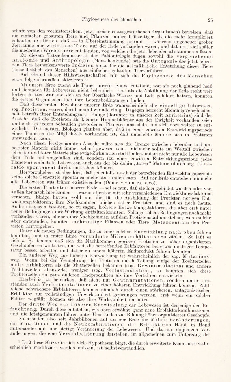 Schaft von den vorhistorischen, jetzt meistens ausgestorbenen Organismen) beweisen, daß die einfacher gebauten Tiere und Pflanzen immer frühzeitiger als die mehr kompliziert gebauten existierten, daß — in Übereinstimmung hiermit —• während ungeheuer großer Zeiträume nur wirbellose Tiere auf der Erde vorhanden waren, und daß erst viel später die niedersten M irbeltiere entstanden, von welchen die jetzt lebenden abstammen müssen. Zu diesem Tatsachenmaterial der Paläontologie fügen sowohl die vergleichende Anatomie und Anthropologie (Menschenkunde) wie die Ontogenie der jetzt leben- den Tiere bemerkenswerte Indizien hinzu für die allmähliche Entstehung dieser Tiere (einschließlich des Menschen) aus einfacher gebauten Tier Vorfahren. Auf Grund dieser Hilfswissenschaften läßt sich die Phylogenese des Menschen etwa folgendermaßen skizzieren Als unsere Erde zuerst als Planet unserer Sonne entstand, war sie noch glühend heiß und demnach für Lebewesen nicht bebaulich. Erst als die Abkühlung der Erde recht weit fortgeschritten war und sich an der Oberfläche Wasser und Luft gebildet hatten, konnten die ersten Organismen hier ihre Lebensbedingungen finden. Haß diese ersten Bewohner unserer Erde wahrscheinlich alle einzellige Lebewesen, sog. Protisten, waren, darüber sind wir alle einig. Dagegen herrscht Meinungsverschieden- heit betreffs ihrer Entstehungsart. Einige (darunter in unserer Zeit Arrhenius) sind der Ansicht, daß die Protisten als kleinste Himmelskörper aus der Ewigkeit vorhanden seien und sich an jedem bebaulich gewordenen Planeten ansiedeln, um sich dort weiter zu ent- wickeln. Die meisten Biologen glauben aber, daß in einer gewissen Entwicklungsperiode eines Planeten die Möglichkeit vorhanden ist, daß unbelebte Materie sich in Protisten um wandeln kann. Nach dieser letztgenannten Ansicht sollte also die Grenze zwischen lebender und un- belebter Materie nicht immer scharf gewesen sein. Vielmehr sollte im Weltall zwischen lebender und toter Materie eine ewige Zirkulation stattfinden, indem nicht nur alle Lebewesen dem Tode anheimgefallen sind, sondern (zu einer gewissen Entwicklungsperiode jedes Planeten) einfachste Lebewesen auch aus der bis dahin ,,toten“ Materie (durch sog. Gene- ratio spontanea) direkt entstehen können. Hervorzuheben ist aber hier, daß jedenfalls nach der betreffenden Entwicklungsperiode keine solche Generatio spontanea mehr stattfinden kann. Auf der Erde entstehen nunmehr alle Lebewesen aus früher existierenden (Omne vivum ex vivo). Die ersten Protisten unserer Erde — sei es nun, daß sie hier gebildet wurden oder von außen her nach hier kamen —• waren offenbar mit sehr verschiedenen Entwicklungsfaktoren versehen. Einige hatten wohl nur die für die Ausbildung der Protisten nötigen Ent- wicklungsfaktoren; ihre Nachkommen blieben daher Protisten und sind es noch heute. Andere dagegen besaßen, so zu sagen, höhere Entwicklungsfaktoren, die aber erst unter neuen Bedingungen ihre Wirkung entfalten konnten. Solange solche Bedingungen noch nicht vorhanden waren, blieben ihre Nachkommen auf dem Protistenstadium stehen; wenn solche aber entstanden, konnten mehrzellige Pflanzen oder Tiere (Metazoen) aus den Pro- tisten hervorgehen. Unter die neuen Bedingungen, die zu einer solchen Entwicklung nach oben führen konnten, sind in erster Linie veränderte Milieu Verhältnisse zu zählen. So läßt es sich z. B. denken, daß sich die Nachkommen gewisser Protisten zu höher organisierten Geschöpfen entwickelten, nur weil die betreffenden Erbfaktoren bei etwas niedilger Tempe- ratur besser arbeiten und daher zu einem höheren Endprodukt führen konnten. Ein anderer Weg zur höheren Entwicklung ist wahrscheinlich der sog. Mutations- weg. Wenn bei der Vermehrung der Protisten durch Teilung einige der Tochterzellen mehr Erbfaktoren als die Mutterzellen bekamen (sog. Gewinnmutation) und andere Tochterzellen ebensoviel weniger (sog. Verlustmutation), so konnten sich diese Tochterzellen zu ganz anderen Endprodukten als ihre Vorfahren entwickeln. Hierbei ist zu bemerken, daß nicht nur Gewinnmutationen, sondern unter Um- ständen auch Verlustmutationen zu einer höheren Entwicklung führen können. Zahl- reiche schwächere Erbfaktoren können nämlich durch einen stärkeren, antagonistischen Erbfaktor zur vollständigen Unwirksamkeit gezwungen werden; erst wenn ein solcher Faktor wegfällt, können sie also ihre Wirksamkeit entfalten. Der dritte Weg zur höheren Entwicklung der Lebewesen ist derjenige der Be- fruchtung. Durch diese entstehen, wie oben erwähnt, ganz neue Erbfaktorkombinationen und die letztgenannten führen unter Umständen zur Bildung höher organisierter Geschöpfe. So arbeiten also seit Jahrbillionen auf unserer Erde die Milieu-Veränderungen, die Mutationen und die Neukombinationen der Erbfaktoren Hand in Hand miteinander auf eine stetige Veränderung der Lebewesen. Und da nun diejenigen Ver- änderungen, die eine Verschlechterung darstellen, im allgemeinen zum Untergang der ^ Daß diese Skizze in sich viele Hypothesen birgt, die durch erweiterte Kenntnisse wahr- scheinlich modifiziert werden müssen, ist selbstverständlich.