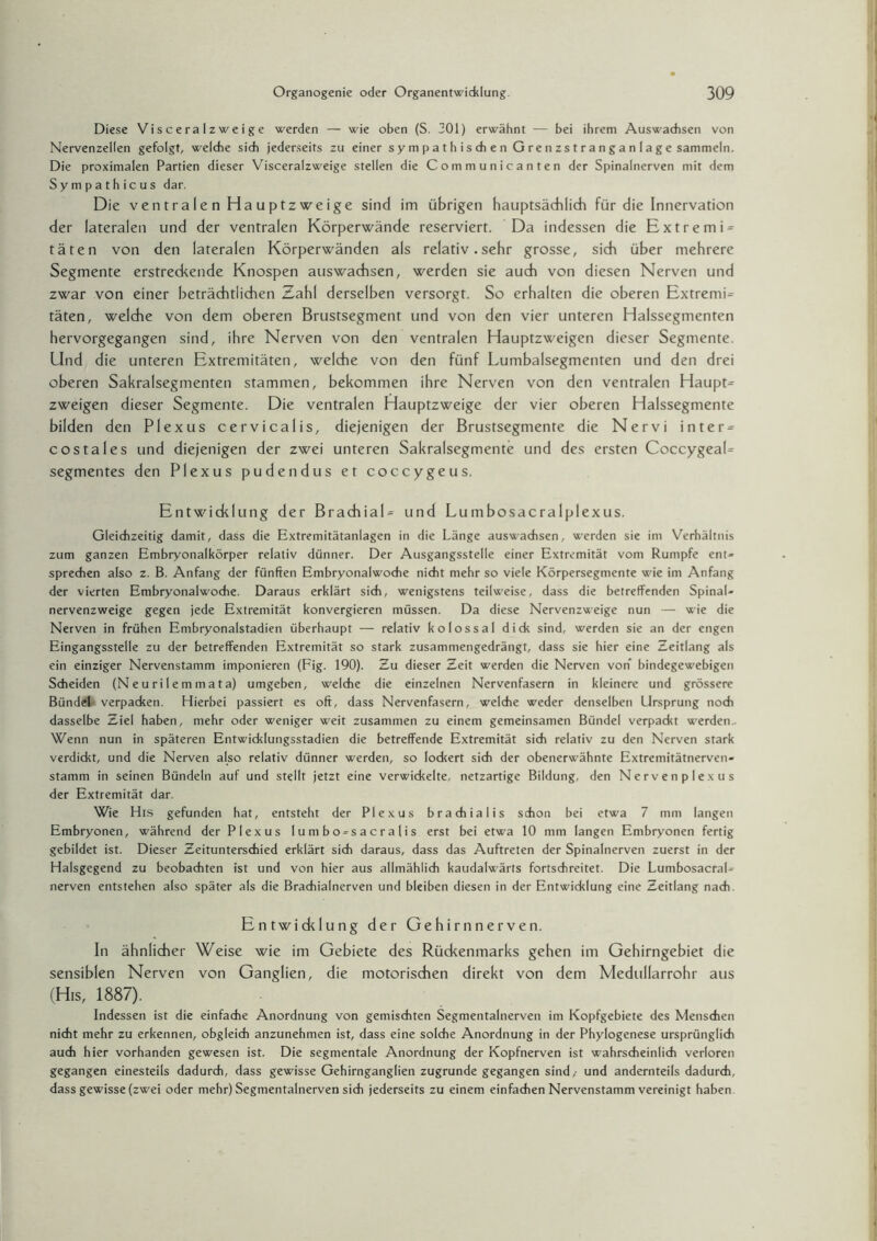 Diese Visceralzweige werden — wie oben (S. 201) erwähnt — bei ihrem Auswachsen von Nervenzellen gefolgt, welche sich jederseits zu einer s y m p a t h i s ch e n G re n z s t r a n g a n I a g e sammeln. Die proximalen Partien dieser Visceralzweige stellen die Communicanten der Spinalnerven mit dem Sympathicus dar. Die ventralen Hauptzweige sind im übrigen hauptsächlich für die Innervation der lateralen und der ventralen Körperwände reserviert. Da indessen die Extremi = täten von den lateralen Körperwänden als relativ. sehr grosse, sich über mehrere Segmente erstreckende Knospen auswachsen, werden sie auch von diesen Nerven und zwar von einer beträchtlichen Zahl derselben versorgt. So erhalten die oberen Extremis täten, welche von dem oberen Brustsegment und von den vier unteren Halssegmenten hervorgegangen sind, ihre Nerven von den ventralen Hauptzweigen dieser Segmente. Und die unteren Extremitäten, welche von den fünf Lumbalsegmenten und den drei oberen Sakralsegmenten stammen, bekommen ihre Nerven von den ventralen Haupte zweigen dieser Segmente. Die ventralen Hauptzweige der vier oberen Halssegmente bilden den Plexus cervicalis, diejenigen der Brustsegmente die Nervi inter = costales und diejenigen der zwei unteren Sakralsegmente und des ersten CoccygeaL Segmentes den Plexus pudendus et coccygeus. Entwicklung der BradhiaD und Lumbosacralplexus. Gleichzeitig damit, dass die Extremitätanlagen in die Länge auswachsen, werden sie im Verhältnis zum ganzen Embryonalkörper relativ dünner. Der Ausgangsstelle einer Extremität vom Rumpfe ent- sprechen also z. B. Anfang der fünften Embryonalwoche nicht mehr so viele Körpersegmente wie im Anfang der vierten Embryonalwoche. Daraus erklärt sich, wenigstens teilweise, dass die betreffenden Spinal¬ nervenzweige gegen jede Extremität konvergieren müssen. Da diese Nervenzweige nun — wie die Nerven in frühen Embryonalstadien überhaupt — relativ kolossal didt sind, werden sie an der engen Eingangsstelle zu der betreffenden Extremität so stark zusammengedrängt, dass sie hier eine Zeitlang als ein einziger Nervenstamm imponieren (Fig. 190). Zu dieser Zeit werden die Nerven von bindegewebigen Scheiden (Neurilemmata) umgeben, welche die einzelnen Nervenfasern in kleinere und grössere Bündel verpacken. Hierbei passiert es oft, dass Nervenfasern, welche weder denselben Ursprung noch dasselbe Ziel haben, mehr oder weniger weit zusammen zu einem gemeinsamen Bündel verpackt werden.. Wenn nun in späteren Entwicklungsstadien die betreffende Extremität sich relativ zu den Nerven stark verdickt, und die Nerven also relativ dünner werden, so lockert sich der obenerwähnte Extremitätnerven- stamm in seinen Bündeln auf und stellt jetzt eine verwickelte, netzartige Bildung, den Nervenplexus der Extremität dar. Wie His gefunden hat, entsteht der Plexus brachialis schon bei etwa 7 mm langen Embryonen, während der Plexus 1 u m b o-s a c r a I i s erst bei etwa 10 mm langen Embryonen fertig gebildet ist. Dieser Zeitunterschied erklärt sich daraus, dass das Auftreten der Spinalnerven zuerst in der Halsgegend zu beobachten ist und von hier aus allmählich kaudalwärts fortschreitet. Die Lumbosacral- nerven entstehen also später als die Brachialnerven und bleiben diesen in der Entwicklung eine Zeitlang nach. Entwicklung der Gehirn nerven. In ähnlicher Weise wie im Gebiete des Rückenmarks gehen im Gehirngebiet die sensiblen Nerven von Ganglien, die motorischen direkt von dem Medullarrohr aus (His, 1887). Indessen ist die einfache Anordnung von gemischten Segmentalnerven im Kopfgebiete des Menschen nicht mehr zu erkennen, obgleich anzunehmen ist, dass eine solche Anordnung in der Phylogenese ursprünglich auch hier vorhanden gewesen ist. Die segmentale Anordnung der Kopfnerven ist wahrscheinlich verloren gegangen einesteils dadurch, dass gewisse Gehirnganglien zugrunde gegangen sind,- und andernteils dadurch, dass gewisse (zwei oder mehr) Segmentalnerven sich jederseits zu einem einfachen Nervenstamm vereinigt haben