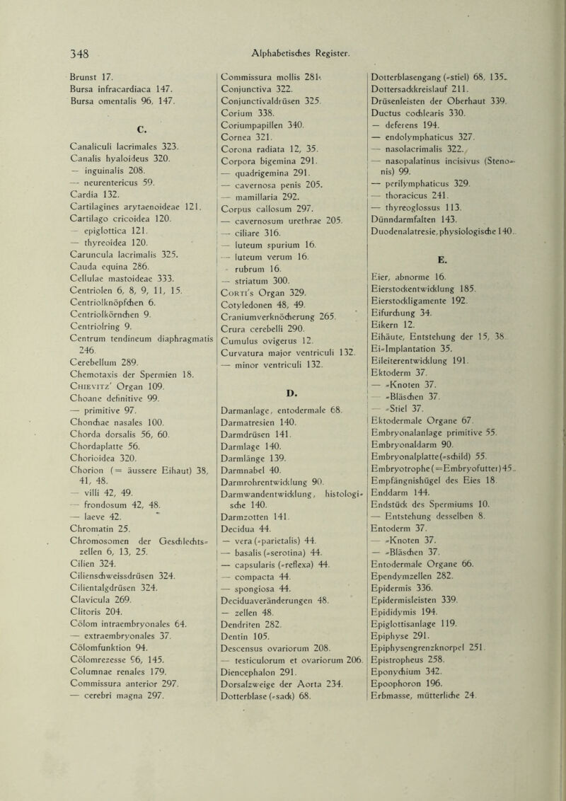 Brunst 17. Bursa infracardiaca 147. Bursa omentalis 96, 147. C. Canaliculi lacrimales 323. Canalis hyaloideus 320. — inguinalis 208. — neurentericus 59. Cardia 132. Cartilagines arytaenoideae 121. Cartilago cricoidea 120. - epiglottica 121. — thyreoidea 120. Caruncula lacrimalis 325. Cauda equina 286. Cellulae mastoideae 333. Centriolen 6, 8, 9, 11, 15. Centriollcnöpfchen 6. Centriolkörnchen 9. Centriolring 9. Centrum tendineum diaphragmatis 246. Cerebellum 289. Chemotaxis der Spermien 18. Chievitz' Organ 109. Choane definitive 99. — primitive 97. Chonchae nasales 100. Chorda dorsalis 56, 60. Chordaplatte 56. Chorioidea 320. Chorion (= äussere Eihaut) 38, 41, 48. - villi 42, 49. — frondosum 42, 48. — laeve 42. Chromatin 25. Chromosomen der Geschlechts» zellen 6, 13, 25. Cilien 324. Cilienschweissdrüsen 324. Cilientalgdrüsen 324. Clavicula 269. Clitoris 204. Cölom intraembryonales 64. — extraembryonales 37. Cölomfunktion 94. Cölomrezesse 96, 145. Columnae renales 179. Commissura anterior 297. — cerebri magna 297. Commissura mollis 281>. Conjunctiva 322. Conjunctivaldi iisen 325. Corium 338. Coriumpapillen 340. Cornea 321. Corona radiata 12, 35. Corpora bigemina 291. -— quadrigemina 291. — cavernosa penis 205. — mamillaria 292. Corpus callosum 297. — cavernosum urethrae 205. — ciliare 316. j — luteum spurium 16. — luteum verum 16. - rubrum 16. — Striatum 300. Corti's Organ 329. Cotyledonen 48, 49. Craniumverknöcherung 265. Crura cerebelli 290. Cumulus ovigerus 12. Curvatura major ventriculi 132. — minor ventriculi 132. D. Darmanlage, entodermale 68. Darmatresien 140. Darmdrüsen 141. Darmlage 140. Darmlänge 139. Darmnabel 40. Darmrohrentwiddung 90. Darmwandentwiddung, histologi» sehe 140. Darmzotten 141. Decidua 44. — vera (»parietalis) 44. — basalis (»serotina) 44. — capsularis (»reflexa) 44. — compacta 44. — spongiosa 44. Deciduaveränderungen 48. — zellen 48. Dendriten 282. Dentin 105. Descensus ovariorum 208. — testiculorum et ovariorum 206. Diencephalon 291. Dorsalzweige der Aorta 234. Dotterblase (»sack) 68. Dotterblasengang (»stiel) 68, 135_ Dottersackkreislauf 211. Drüsenleisten der Oberhaut 339. Ductus cochlearis 330. — deferens 194. — endolymphaticus 327. —■ nasolacrimalis 322. — nasopalatinus incisivus (Steno»- nis) 99. — perilymphaticus 329. — thoracicus 241. — thyreoglossus 113. Dünndarmfalten 143. Duodenalatresie, physiologische 140 E. Eier, abnorme 16. Eierstockentwiddung 185. Eierstockligamente 192. Eifurchung 34. Eikern 12. Eihäute, Entstehung der 15, 38 EMmpIantation 35. Eileiterentwicklung 191. Ektoderm 37. — »Knoten 37. »Bläschen 37. i — »Stiel 37. j Ektodermale Organe 67. Embryonalanlage primitive 55. Embryonaldarm 90. Embryonalplatte(=sdiiId) 55. Embryotrophe(=Embryofutter)45- Empfängnishügel des Eies 18 Enddarm 144. Endstück des Spermiums 10. — Entstehung desselben 8. Entoderm 37. — »Knoten 37. — »Bläschen 37. Entodermale Organe 66. Ependymzellen 282. Epidermis 336. Epidermisleisten 339. Epididymis 194. Epiglottisanlage 119. Epiphyse 291. Epiphysengrenzknorpel 251 Epistropheus 258. Eponychium 342. Epoophoron 196. Erbmasse, mütterliche 24.