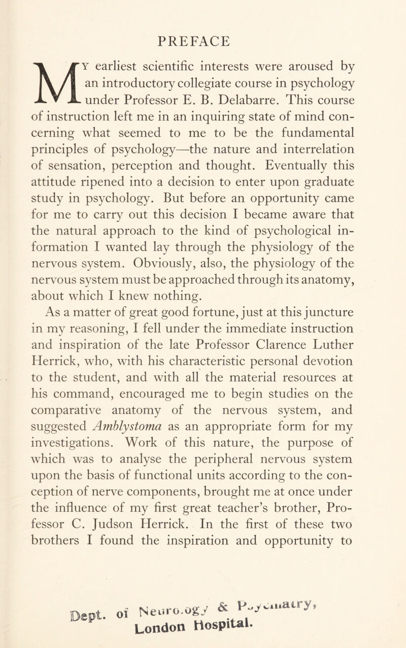 PREFACE My earliest scientific interests were aroused by an introductory collegiate course in psychology under Professor E. B. Delabarre. This course of instruction left me in an inquiring state of mind con- cerning what seemed to me to be the fundamental principles of psychology—the nature and interrelation of sensation, perception and thought. Eventually this attitude ripened into a decision to enter upon graduate study in psychology. But before an opportunity came for me to carry out this decision I became aware that the natural approach to the kind of psychological in- formation I wanted lay through the physiology of the nervous system. Obviously, also, the physiology of the nervous system must be approached through its anatomy, about which I knew nothing. As a matter of great good fortune, just at this juncture in my reasoning, I fell under the immediate instruction and inspiration of the late Professor Clarence Luther Herrick, who, with his characteristic personal devotion to the student, and with all the material resources at his command, encouraged me to begin studies on the comparative anatomy of the nervous system, and suggested Amblystoma as an appropriate form for my investigations. Work of this nature, the purpose of which was to analyse the peripheral nervous system upon the basis of functional units according to the con- ception of nerve components, brought me at once under the influence of my first great teacher’s brother, Pro- fessor C. Judson Herrick. In the first of these two brothers I found the inspiration and opportunity to Dept. Neuro.ogy & P^...atry, London Hospital.