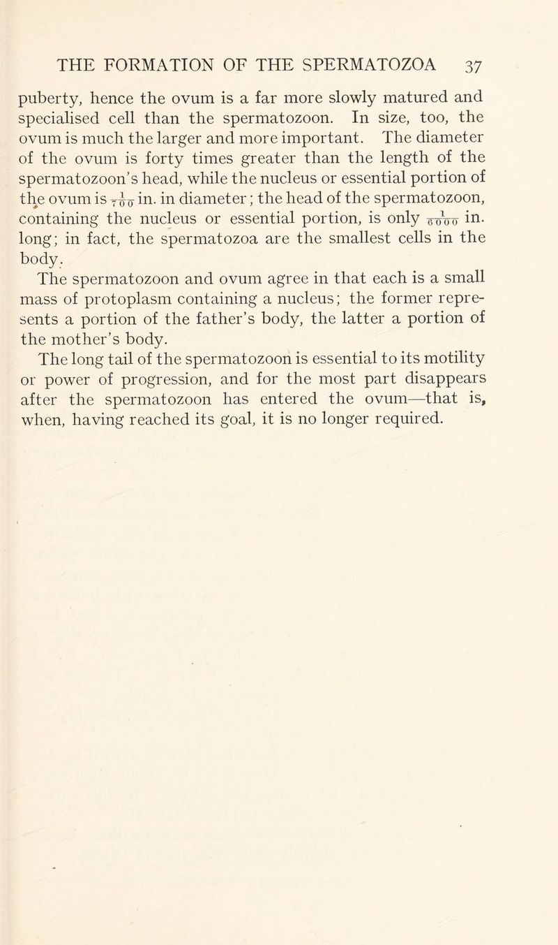 puberty, hence the ovum is a far more slowly matured and specialised cell than the spermatozoon. In size, too, the ovum is much the larger and more important. The diameter of the ovum is forty times greater than the length of the spermatozoon’s head, while the nucleus or essential portion of the ovum is T^o in. in diameter; the head of the spermatozoon, containing the nucleus or essential portion, is only omo in- long; in fact, the spermatozoa are the smallest cells in the body. The spermatozoon and ovum agree in that each is a small mass of protoplasm containing a nucleus; the former repre- sents a portion of the father’s body, the latter a portion of the mother’s body. The long tail of the spermatozoon is essential to its motility or power of progression, and for the most part disappears after the spermatozoon has entered the ovum—that is, when, having reached its goal, it is no longer required.