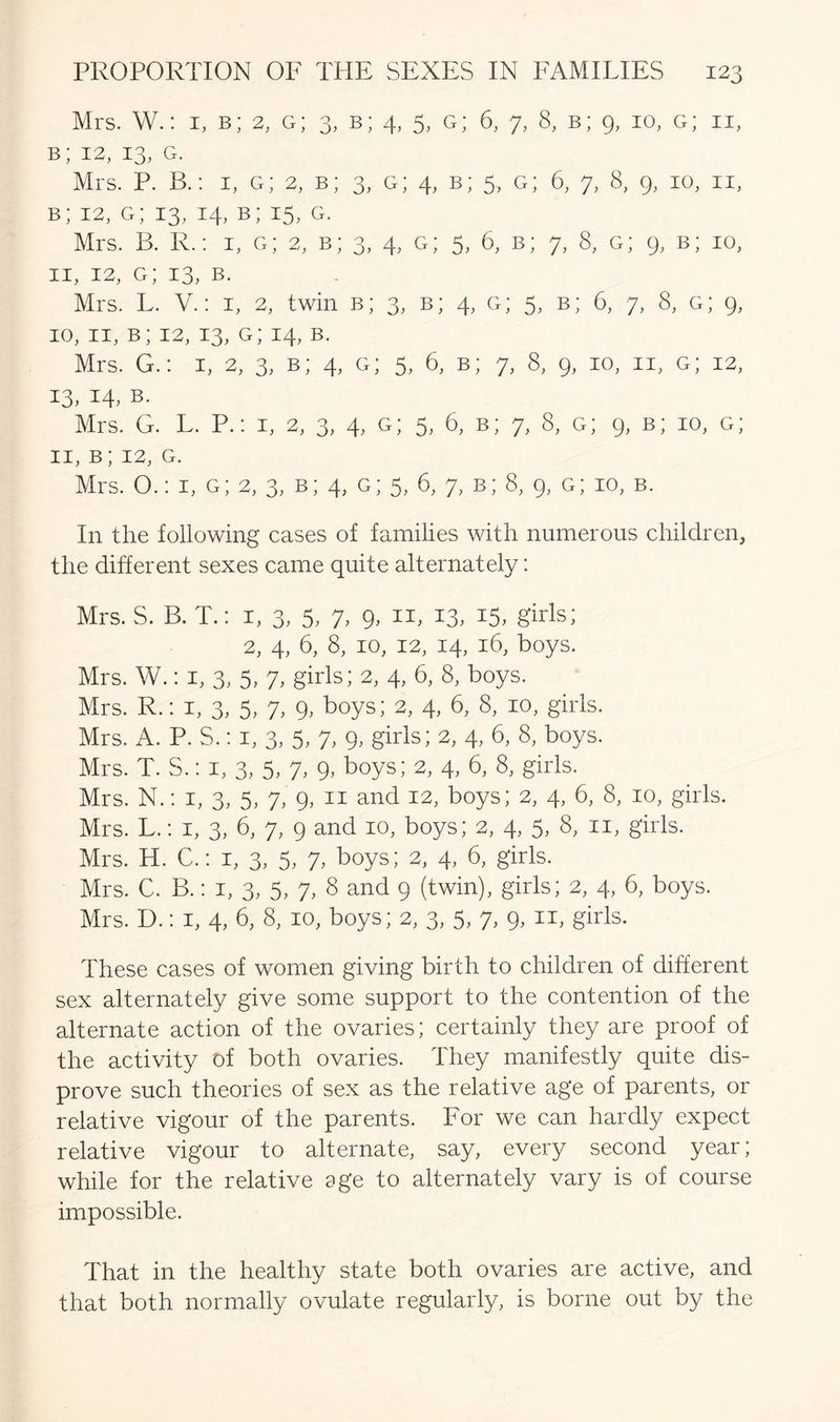 Mrs. W.: i, b; 2, g; 3, b; 4, 5, g; 6, 7, 8, b; 9, 10, g; ii, b; 12, 13, g. Mrs. P. B.: 1, g; 2, b; 3, g; 4, b; 5, g; 6, 7, 8, 9, 10, n, b; 12, g; 13, 14, b; 15, G. Mrs. B. R.: 1, g; 2, b; 3, 4, g; 5, 6, b; 7, 8, g; 9, b; 10, 11, 12, g; 13, b. Mrs. L. V.: 1, 2, twin b ; 3, b ; 4, G; 5, b ; 6, 7, 8, G; 9, 10,11, b; 12,13, g; 14, b. Mrs. G.: 1, 2, 3, b; 4, g; 5, 6, b; 7, 8, 9, 10, 11, g; 12, 13. 14, b. Mrs. G. L. P.: 1, 2, 3, 4, g; 5, 6, b; 7, 8, g; 9, b; 10, g; ii, b; 12, G. Mrs. O.: i, g; 2, 3, b; 4, g; 5, 6, 7, b; 8, 9, g; 10, b. In the following cases of families with numerous children, the different sexes came quite alternately: Mrs. S. B. T.: 1, 3, 5, 7> 9> T1> 15, §'irls^ 2, 4, 6, 8, 10, 12, 14, 16, boys. Mrs. W.: 1, 3, 5, 7, girls; 2, 4, 6, 8, boys. Mrs. R.: 1, 3, 5, 7, 9, boys; 2, 4, 6, 8, 10, girls. Mrs. A. P. S.: 1, 3, 5, 7> 9> girls; 2, 4, 6, 8, boys. Mrs. T. S.: 1, 3, 5, 7, 9, boys; 2, 4, 6, 8, girls. Mrs. N.: 1, 3, 5, 7, 9, 11 and 12, boys; 2, 4, 6, 8, 10, girls. Mrs. L.: 1, 3, 6, 7, 9 and 10, boys; 2, 4, 5, 8, 11, girls. Mrs. H. C.: 1, 3, 5, 7, boys; 2, 4, 6, girls. Mrs. C. B.: 1, 3, 5, 7, 8 and 9 (twin), girls; 2, 4, 6, boys. Mrs. D.: 1, 4, 6, 8, 10, boys; 2, 3, 5, 7, 9, 11, girls. These cases of women giving birth to children of different sex alternately give some support to the contention of the alternate action of the ovaries; certainly they are proof of the activity of both ovaries. They manifestly quite dis- prove such theories of sex as the relative age of parents, or relative vigour of the parents. For we can hardly expect relative vigour to alternate, say, every second year; while for the relative age to alternately vary is of course impossible. That in the healthy state both ovaries are active, and that both normally ovulate regularly, is borne out by the