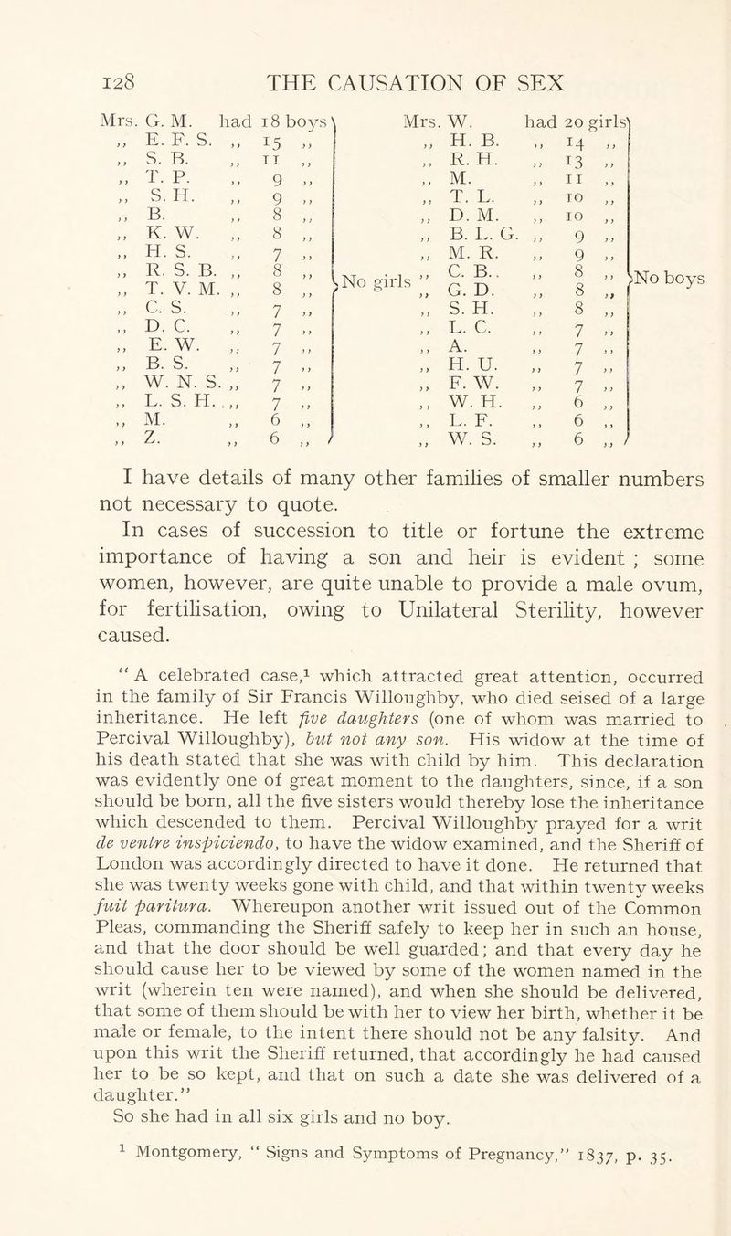 ) y y y y y y y y y y y y y y y y y y y y y y y y y y y y y »y y y G. M. had W 0 rO 00 M Mrs. W. had 20 girlsi E. F. S. „ 15 y y y y H. B. y y 14 y y \ S. B. 11 y y ! 1 , R. H. y y 13 y y T. P. 9 y y y y M. y y 11 y y S. H. „ 9 y y y) T. L. y y 10 y y B. 8 y > y y D. M. y y 10 y y K. W. „ 8 y y y y B. L. G. y y 9 y y H. S. 7 y y y y M. R. y y 9 y y R. S. B. ,, 8 C. B.. 8 T. V. M. ,, 8 > y >No girls ” G. D. y y y y 8 y y N „ f c. S. 7 „ :: S. H. y y 8 y y D. C. 7 y y y y L. C. y y 7 y y E. W. „ 7 ,, ,, A. y y 7 y y B. S. 7 y y y y H. U. y y 7 y y W. N. S. „ 7 y y y y F. W. y y 7 y y L. S. H. .,, 7 y y y y W. H. y y 6 y y M. 6 y y y y L. F. y y 6 y y Z. 6 ,, ' y y W. S. y y 6 „ No boys I have details of many other families of smaller numbers not necessary to quote. In cases of succession to title or fortune the extreme importance of having a son and heir is evident ; some women, however, are quite unable to provide a male ovum, for fertilisation, owing to Unilateral Sterility, however caused. “ A celebrated case,1 which attracted great attention, occurred in the family of Sir Francis Willoughby, who died seised of a large inheritance. He left five daughters (one of whom was married to Percival Willoughby), hut not any son. His widow at the time of his death stated that she was with child by him. This declaration was evidently one of great moment to the daughters, since, if a son should be born, all the five sisters would thereby lose the inheritance which descended to them. Percival Willoughby prayed for a writ de ventre inspiciendo, to have the widow examined, and the Sheriff of London was accordingly directed to have it done. He returned that she was twenty weeks gone with child, and that within twenty weeks fuit paritura. Whereupon another writ issued out of the Common Pleas, commanding the Sheriff safely to keep her in such an house, and that the door should be well guarded; and that every day he should cause her to be viewed by some of the women named in the writ (wherein ten were named), and when she should be delivered, that some of them should be with her to view her birth, whether it be male or female, to the intent there should not be any falsity. And upon this writ the Sheriff returned, that accordingly he had caused her to be so kept, and that on such a date she was delivered of a daughter.” So she had in all six girls and no boy. 1 Montgomery, “ Signs and Symptoms of Pregnancy,” 1837, p. 35.