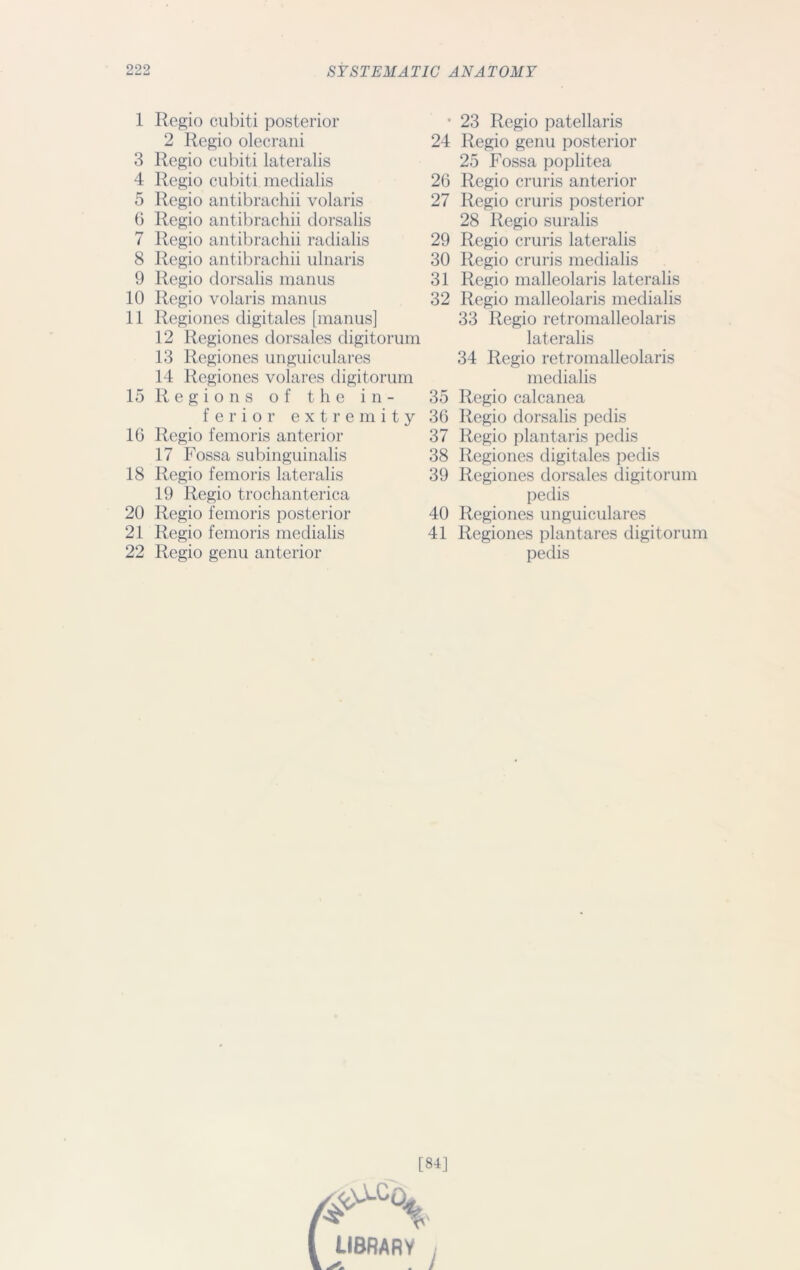 1 Regio cubit! posterior 2 Regio olecrani 3 Regio cubiti lateralis 4 Regio cubiti medialis 5 Regio antibrachii volaris 6 Regio antibrachii dorsalis 7 Regio antibrachii radialis 8 Regio antibrachii ulnaris 9 Regio dorsalis manus 10 Regio volaris manus 11 Regiones digitales [inanus] 12 Regiones dorsales digitorum 13 Regiones unguiculares 14 Regiones volares digitorum 15 Regions of the in- ferior extremity 16 Regio femoris anterior 17 Fossa subinguinalis 18 Regio femoris lateralis 19 Regio trochanterica 20 Regio femoris posterior 21 Regio femoris medialis 22 Regio genu anterior * 23 Regio patellaris 24 Regio genu posterior 25 Fossa poplitea 26 Regio cruris anterior 27 Regio cruris posterior 28 Regio suralis 29 Regio cruris lateralis 30 Regio cruris medialis 31 Regio malleolaris lateralis 32 Regio malleolaris medialis 33 Regio retromalleolaris lateralis 34 Regio retromalleolaris medialis 35 Regio calcanea 36 Regio dorsalis pedis 37 Regio plantaris pedis 38 Regiones digitales pedis 39 Regiones dorsales digitorum pedis 40 Regiones unguiculares 41 Regiones plantares digitorum pedis [84] .<c,v\-Cq r l library \ % ^ i