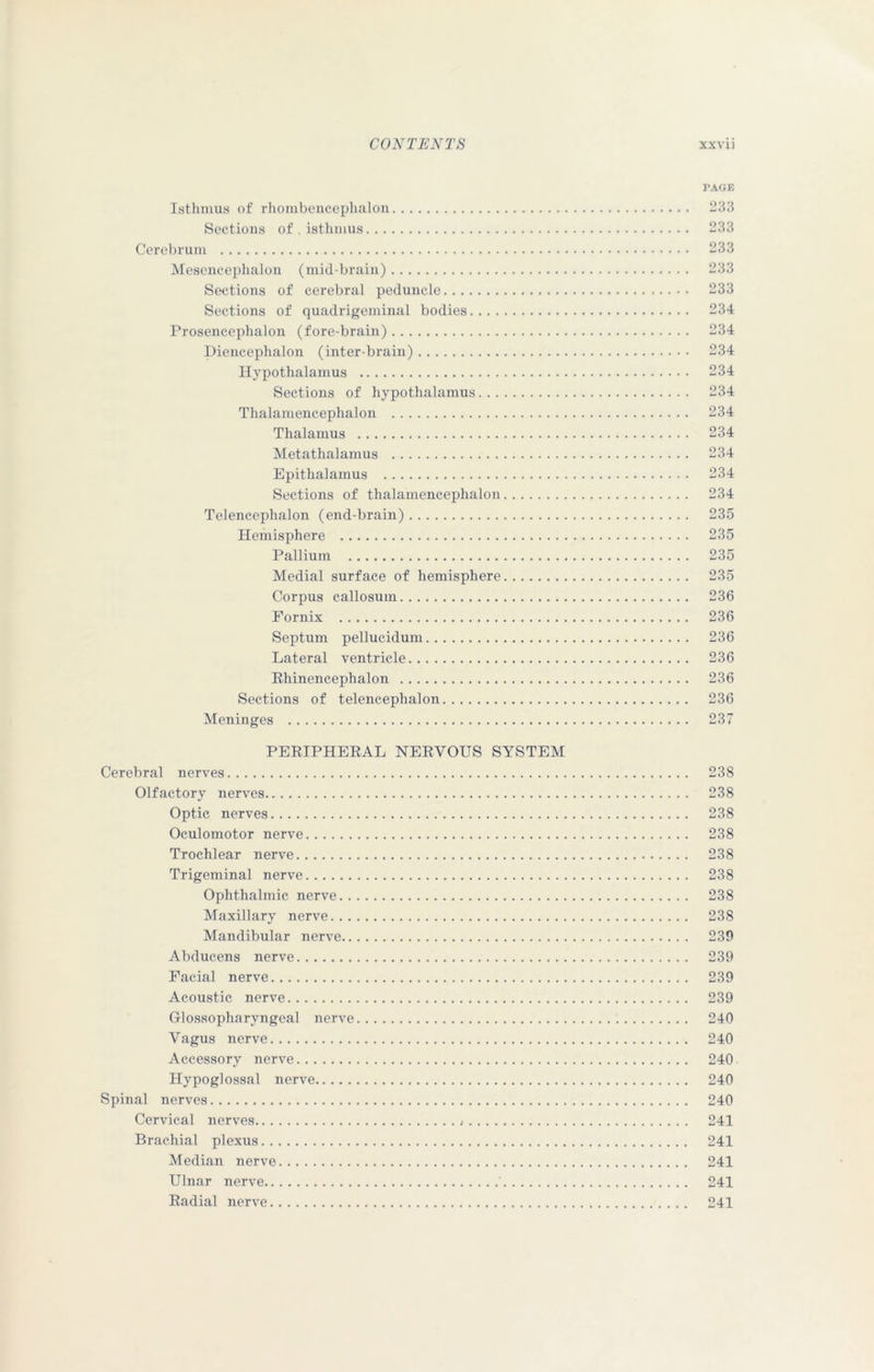 PAGE Isthmus of rhombencephalon 233 Sections of . isthmus 233 Cerebrum 233 Mesencephalon (mid-brain) 233 Sections of cerebral peduncle 233 Sections of quadrigeminal bodies 234 Prosencephalon (fore-brain) 234 Diencephalon (inter-brain) 234 Hypothalamus 234 Sections of hypothalamus 234 Thalamencephalon 234 Thalamus 234 Metathalamus 234 Epithalamus 234 Sections of thalamencephalon 234 Telencephalon (end-brain) 235 Hemisphere 235 Pallium 235 Medial surface of hemisphere 235 Corpus callosum 236 Fornix 236 Septum pellucidum 236 Lateral ventricle 236 Rhinencephalon 236 Sections of telencephalon 236 Meninges 237 PERIPHERAL NERVOUS SYSTEM Cerebral nerves 238 Olfactory nerves 238 Optic nerves 238 Oculomotor nerve 238 Trochlear nerve 238 Trigeminal nerve 238 Ophthalmic nerve 238 Maxillary nerve 238 Mandibular nerve 239 Abducens nerve 239 Facial nerve 239 Acoustic nerve 239 Glossopharyngeal nerve 240 Vagus nerve 240 Accessory nerve 240 Hypoglossal nerve 240 Spinal nerves 240 Cervical nerves , 241 Brachial plexus 241 Median nerve 241 Ulnar nerve ' 241 Radial nerve 241