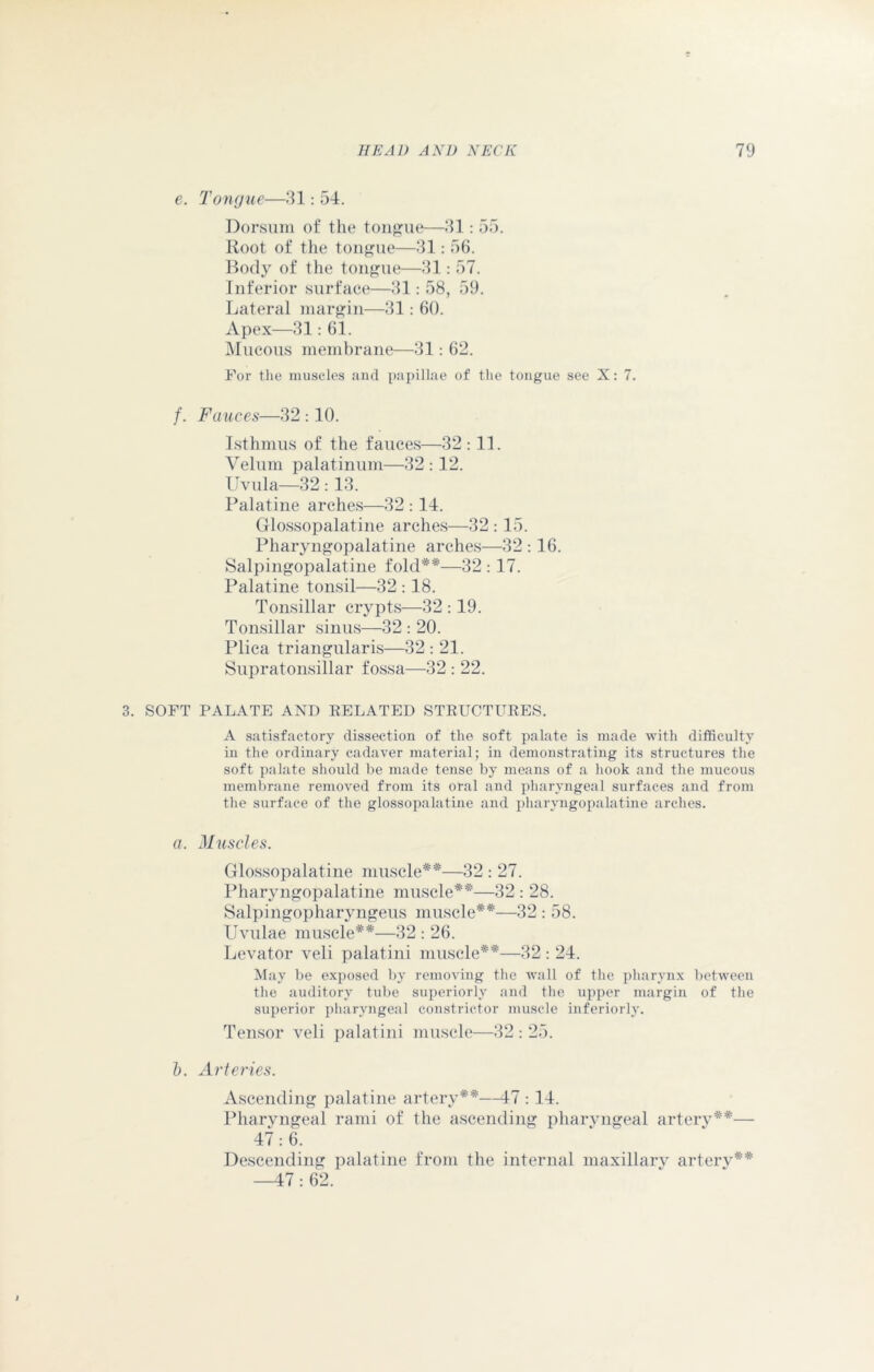 e. Tongue—31: 54. Dorsum of the tongue—31: 55. Root of the tongue—31: 56. Body of the tongue—31: 57. Inferior surface—31: 58, 59. Lateral margin—31: 60. Apex—31: 61. Mucous membrane—31: 62. For the muscles and papillae of the tongue see X: 7. /. Fauces—32 :10. Isthmus of the fauces—32 : 11. Velum palatinum—32 :12. Uvula—32:13. Palatine arches—32 :14. Glossopalatine arches—32 : 15. Pharyngopalatine arches—32 : 16. Salpingopalatine fold**—32 : 17. Palatine tonsil—32 :18. Tonsillar crypts—32 :19. Tonsillar sinus—32 : 20. Plica triangularis—32 : 21. Supratonsillar fossa—32 : 22. 3. SOFT PALATE AND RELATED STRUCTURES. A satisfactory dissection of the soft palate is made with difficulty in the ordinary cadaver material; in demonstrating its structures the soft palate should be made tense by means of a hook and the mucous membrane removed from its oral and pharyngeal surfaces and from the surface of the glossopalatine and pharyngopalatine arches. a. Muscles. Glossopalatine muscle**—32 : 27. Pharyngopalatine muscle**—32 : 28. Salpingopharyngeus muscle**—32 : 58. Uvulae muscle**—32 : 26. Levator veli palatini muscle**—32 : 24. May be exposed by removing the wall of the pharynx between the auditory tube superiorly and the upper margin of the superior pharyngeal constrictor muscle interiorly. Tensor veli palatini muscle—32 : 25. 1). Arteries. Ascending palatine artery**—47 : 14. Pharyngeal rami of the ascending pharvngeal artery**— 47:6. Descending palatine from the internal maxillary artery** —47: 62.