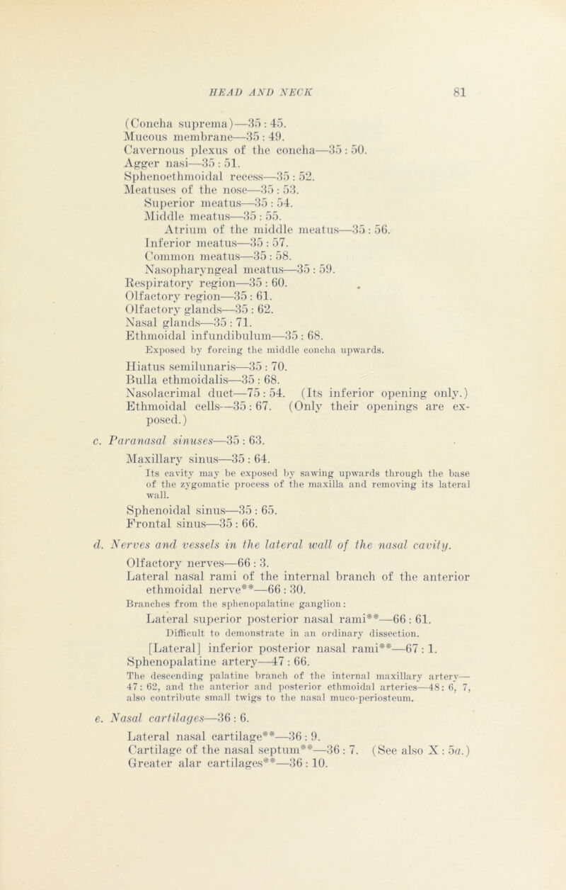 (Concha suprema)—35 : 45. Mucous membrane—35 : 49. Cavernous plexus of the concha—35 : 50. Agger nasi—35 : 51. Sphenoethmoidal recess—35 : 52. Meatuses of the nose—35 : 53. Superior meatus—35 : 54. Middle meatus—35 : 55. Atrium of the middle meatus—35 : 56. Inferior meatus—35 : 57. Common meatus—35 : 58. Nasopharyngeal meatus—35 : 59. Respiratory region—35 : 60. Olfactory region—35 : 61. Olfactory glands—35 : 62. Nasal glands—35 : 71. Ethmoidal infundibulum—35 : 68. Exposed by forcing the middle concha upwards. Hiatus semilunaris—35 : 70. Bulla ethmoidalis—35 : 68. Nasolacrimal duct—75:54. (Its inferior opening only.) Ethmoidal cells—35:67. (Only their openings are ex- posed.) c. Paranasal sinuses—35 : 63. Maxillary sinus—35 : 64. Its cavity may be exposed by sawing upwards through the base of the zygomatic process of the maxilla and removing its lateral wall. Sphenoidal sinus—35 : 65. Frontal sinus—35 : 66. d. Nerves and vessels in the lateral wall of the nasal cavity. Olfactory nerves—66 : 3. Lateral nasal rami of the internal branch of the anterior ethmoidal nerve**—66 : 30. Branches from the sphenopalatine ganglion: Lateral superior posterior nasal rami**—66: 61. Difficult to demonstrate in an ordinary dissection. [Lateral] inferior posterior nasal rami**—67 : 1. Sphenopalatine artery—47 : 66. The descending palatine branch of the internal maxillary artery— 47: 62, and the anterior and posterior ethmoidal arteries—48: 6, 7, also contribute small twigs to the nasal muco-periosteum. e. Nasal cartilages—36 : 6. Lateral nasal cartilage**—36 : 9. Cartilage of the nasal septum**—36: 7. (See also X : 5a.) Greater alar cartilages**—36 : 10.