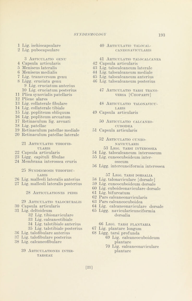 1 Lig. ischiocapsulare 2 Lig. pubocapsulare 3 Articulatio genu 4 Capsula artieularis 5 Meniscus lateralis 6 Meniscus medialis 7 Lig. transversum genu 8 Ligg. cruciata genu 9 Lig. cruciatum anterius 10 Lig. cruciatum posterius .11 Plica synovialis patellaris 12 Plicae alares 13 Lig. collateral fibulare 14 Lig. collateral tibiale 15 Lig. popliteum obliquum 16 Lig. popliteum arcuatum 17 Retinaculum lig. arcuati 18 Lig. patellae 19 Retinaculum patellae mediate 20 Retinaculum patellae laterale 21 Articulatio tibiofib- ularis 22 Capsula artieularis 23 Ligg. capituli fibulae 24 Membrana interossea cruris 25 Syndesmosis tibiofibu- LARIS 26 Lig. malleoli lateralis anterius 27 Lig. malleoli lateralis posterius 28 Articulationes pedis 29 Articulatio talocruralis 30 Capsula artieularis 31 Lig. deltoideum 32 Lig. tibionaviculare 33 Lig. calcaneotibiale 34 Lig. talotibiale anterius 35 Lig. talotibiale posterius 36 Lig. talofibulare anterius 37 Lig. talofibulare posterius 38 Lig. calcaneofibulare 39 Articulationes inter- TARSEAE 40 Articulatio talocal- CANEONAVICULARIS 41 Articulatio talocalcanea 42 Capsula artieularis 43 Lig. talocaleaneum laterale 44 Lig. talocaleaneum mediate 45 Lig. talocaleaneum anterius 46 Lig. talocaleaneum posterius 47 Articulatio tarsi trans- VERSA [CliOPARTl] 48 Articulatio talonavicu- LARIS 49 Capsula artieularis 50 Articulatio calcaneo- CUBOIDEA 51 Capsula artieularis 52 Articulatio cuneo- NAVICULARIS 53 Ligg. tarsi interossea 54 Lig. talocaleaneum interosseum 55 Lig. cuneocuboideum inter- osseum 56 Ligg. intercuneiformia interossea 57 Ligg. tarsi dorsalia 58 Lig. talonaviculare [dorsale] 59 Lig. cuneocuboideum dorsale 60 Lig. cuboideonaviculare dorsale 61 Lig. bifurcatum 62 Pars calcaneonavicularis 63 Pars caleaneocuboidea 64 Lig. calcaneonaviculare dorsale 65 Ligg. navicularicuneiformia dorsalia 66 Ligg. tarsi plantaria 67 Lig. plantare longum 68 Ligg. tarsi profunda 69 Lig. calcaneocuboideum plantare 70 Lig. calcaneonaviculare plantare [21]