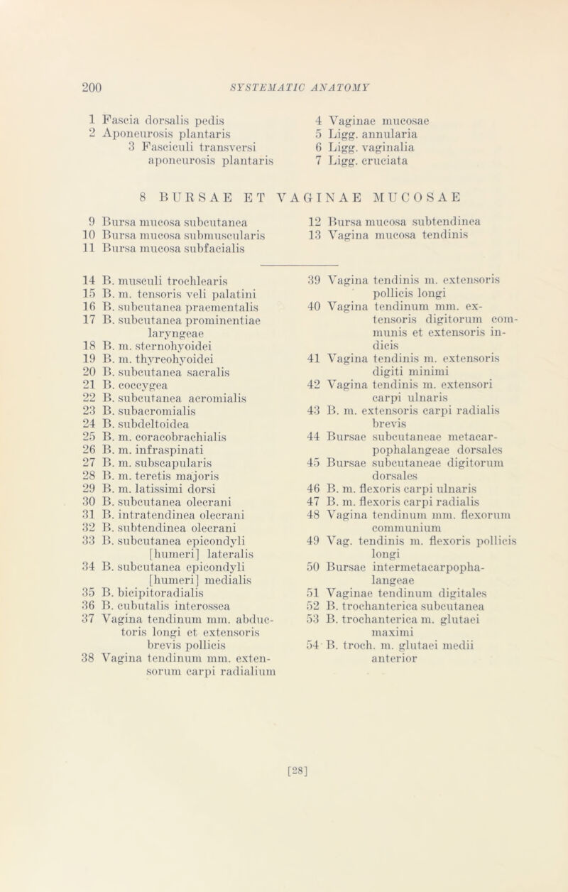 1 Fascia dorsalis pedis 2 Aponeurosis plantaris 3 Fasciculi transversi aponeurosis plantaris 4 Vaginae mucosae 5 Ligg. annularia 6 Ligg. vaginalia 7 Ligg. cruciata 8 BURSAE ET VAGINAE MUCOSAE 9 Bursa mucosa subcutanea 12 Bursa mucosa subtendinea 10 Bursa mucosa submuscularis 13 Vagina mucosa tendinis 11 Bursa mucosa subfacialis 14 B. musculi trochlearis 15 B. m. tensoris veli palatini 16 B. subcutanea praementalis 17 B. subcutanea prominentiae laryngeae 18 B. m. sternoliyoidei 19 B. m. thyreohyoidei 20 B. subcutanea sacralis 21 B. coccygea 22 B. subcutanea acromialis 23 B. subacromialis 24 B. subdeltoidea 25 B. m. coracobrachialis 26 B. m. infraspinati 27 B. m. subscapularis 28 B. m. teretis majoris 29 B. m. latissimi dorsi 30 B. subcutanea olecrani 31 B. intratendinea olecrani 32 B. subtendinea olecrani 33 B. subcutanea epicondyli [humeri] lateralis 34 B. subcutanea epicondyli [humeri] medialis 35 B. bicipitoradialis 36 B. cubutalis interossea 37 Vagina tendinum mm. abduc- toris longi et extensoris brevis pollicis 38 Vagina tendinum mm. exten- sorum carpi radialium 39 Vagina tendinis m. extensoris pollicis longi 40 Vagina tendinum mm. ex- tensoris digitorum com- munis et extensoris in- dicis 41 Vagina tendinis m. extensoris digiti minimi 42 Vagina tendinis m. extensori carpi ulnaris 43 B. m. extensoris carpi radialis brevis 44 Bursae subcutaneae metacar- pophalangeae dorsales 45 Bursae subcutaneae digitorum dorsales 46 B. m. flexoris carpi ulnaris 47 B. m. flexoris carpi radialis 48 Vagina tendinum mm. flexorum communium 49 Vag. tendinis m. flexoris pollicis longi 50 Bursae intermetacarpopha- langeae 51 Vaginae tendinum digitales 52 B. trochanterica subcutanea 53 B. trochanterica m. glutaei maximi 54 B. troch. m. glutaei medii anterior [28]