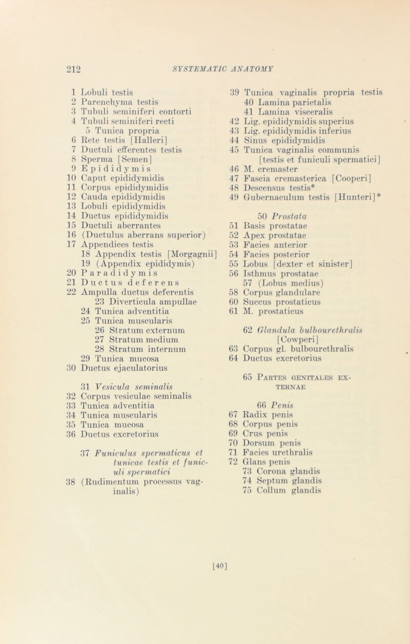 1 Lobuli testis 2 Parenchyma testis 3 Tubuli seminiferi contorti 4 Tubuli seminiferi recti 5 Tunica propria 6 Rete testis [Halleri] 7 Ductuli efferentes testis 8 Sperma [Semen] 9 Epididymis 10 Caput epidiclymidis 11 Corpus epididymidis 12 Cauda epididymidis 13 Lobuli epididymidis 14 Ductus epididymidis 15 Ductuli aberrantes 16 (Ductulus aberrans superior) 17 Appendices testis 18 Appendix testis [Morgagnii] 19 (Appendix epididymis) 20 Paradidymis 21 Ductus deferens 22 Ampulla ductus deferentis 23 Diverticula ampullae 24 Tunica adventitia 25 Tunica muscularis 26 Stratum externum 27 Stratum medium 28 Stratum internum 29 Tunica mucosa 30 Ductus ejaculatorius 31 Vesicula seminalis 32 Corpus vesiculae seminalis 33 Tunica adventitia 34 Tunica muscularis 35 Tunica mucosa 36 Ductus excretorius 37 Funiculus spermaticus et tunicae testis et funic- uli spermatid 38 (Rudimentum processus vag- inalis) 39 Tunica vaginalis propria testis 40 Lamina parietalis 41 Lamina visceralis 42 Lig. epididymidis superius 43 Lig. epididymidis inferius 44 Sinus epididymidis 45 Tunica vaginalis communis [testis et funiculi spermatici] -16 M. cremaster 47 Fascia cremasterica [Cooperi] 48 Descensus testis* 49 Gubernaculum testis [Hunteri]* 50 Prostata 51 Basis prostatae 52 Apex prostatae 53 Facies anterior 54 Facies posterior 55 Lobus [dexter et sinister] 56 Isthmus prostatae 57 (Lobus medius) 58 Corpus glandulare 60 Succus prostaticus 61 M. prostaticus 62 Glandula bulb our ethralis [Cowperi] 63 Corpus gl. bulbourethral is 64 Ductus excretorius 65 Partes genitales ex- TERNAE 66 Penis 67 Radix penis 68 Corpus penis 69 Crus penis 70 Dorsum penis 71 Facies urethralis 72 Gians penis 73 Corona glandis 74 Septum glandis 75 Collum glandis [40]