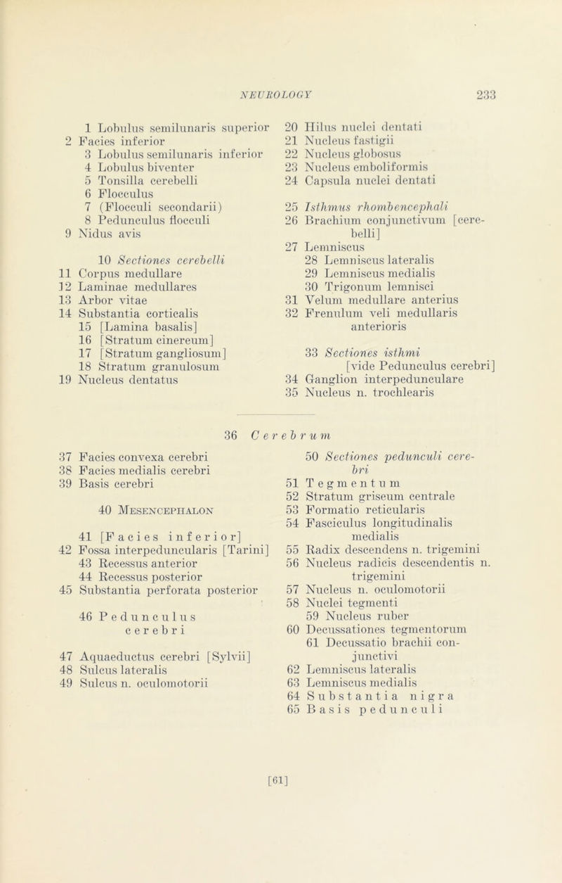 1 Lobulus semilunaris superior 2 Facies inferior 3 Lobulus semilunaris inferior 4 Lobulus biventer 5 Tonsilla cerebelli 6 Flocculus 7 (Flocculi secondarii) 8 Pedunculus flocculi 9 Nidus avis 10 Sectiones cerebelli 11 Corpus medullare ]2 Laminae medullares 13 Arbor vitae 14 Substantia corticalis 15 [Lamina basalis] 16 [Stratum cinereum] 17 [Stratum gangliosum] 18 Stratum granulosum 19 Nucleus dentatus 20 II i 1 us nuclei dentati 21 Nucleus fastigii 22 Nucleus globosus 23 Nucleus emboliformis 24 Capsula nuclei dentati 25 Isthmus rhombencephali 26 Brachium conjunctivum [cere- belli] 27 Lemniscus 28 Lemniscus lateralis 29 Lemniscus medialis 30 Trigonum lemnisci 31 Velum medullare anterius 32 Frenulum veli medullaris anterioris 33 Sectiones isthmi [vide Pedunculus cerebri] 34 Ganglion interpedunculare 35 Nucleus n. trochlearis 36 C e r eb r u m 37 Facies convexa cerebri 38 Facies medialis cerebri 39 Basis cerebri 40 Mesencephalon 41 [Facies inferior] 42 Fossa interpeduncularis [Tarini] 43 Recessus anterior 44 Recessus posterior 45 Substantia perforata posterior t 46 Pedunculu s cerebri 47 Aquaeductus cerebri [Sylvii] 48 Sulcus lateralis 49 Sulcus n. oculomotorii 50 Sectiones pedunculi cere- bri 51 Tegmentum 52 Stratum griseum centrale 53 Formatio reticularis 54 Fasciculus longitudinalis medialis 55 Radix descendens n. trigemini 56 Nucleus radicis descendentis n. trigemini 57 Nucleus n. oculomotorii 58 Nuclei tegmenti 59 Nucleus ruber 60 Decussationes tegmentorum 61 Decussatio brachii con- junctivi 62 Lemniscus lateralis 63 Lemniscus medialis 64 Substantia nigra 65 B a s i s pedunculi [61]