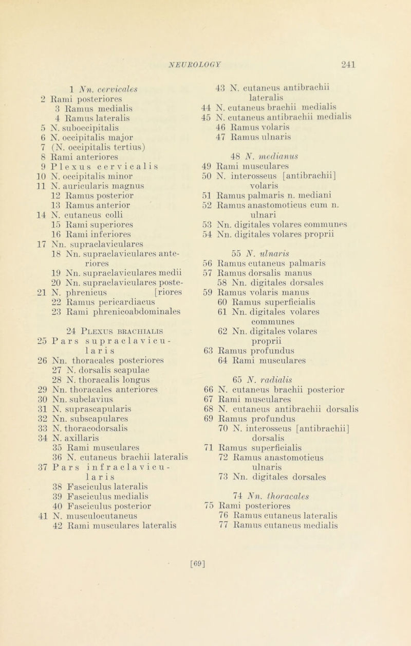 1 Nn. cervicales 2 Kami posteriores 3 Ramus medialis 4 Ramus lateralis 5 N. suboccipitalis 6 N. occipitalis major 7 (N. occipitalis tertius) 8 Rami anteriores 9 Plexus cervicalis 10 N. occipitalis minor 11 N. auricularis magnus 12 Ramus posterior 13 Ramus anterior 14 N. cutaneus colli 15 Rami superiores 16 Rami inferiores 17 Nn. supraclaviculares 18 Nn. supraclaviculares ante- riores 19 Nn. supraclaviculares medii 20 Nn. supraclaviculares poste- 21 N. phrenicus [riores 22 Ramus pericardiacus 23 Rami phrenicoabdominales 24 Plexus brachialis 25 Pars supraclavicu- lar i s 26 Nn. thoracales posteriores 27 N. dorsalis scapulae 28 N. thoracalis longus 29 Nn. thoracales anteriores 30 Nn. subclavius 31 N. suprascapularis 32 Nn. subscapulares 33 N. thoracodorsalis 34 N. axillaris 35 Rami musculares 36 N. cutaneus brachii lateralis 37 Pars infraclavicu- laris 38 Fasciculus lateralis 39 Fasciculus medialis 40 Fasciculus posterior 41 N. musculocutaneus 42 Rami musculares lateralis 43 N. cutaneus antibrachii lateralis 44 N. cutaneus brachii medialis 45 N. cutaneus antibrachii medialis 46 Ramus volaris 47 Ramus ulnaris 48 N. mcdianus 49 Rami musculares 50 N. interosseus [antibrachii] volaris 51 Ramus palmaris n. mediani 52 Ramus anastomoticus cum n. ulnari 53 Nn. digitales volares communes 54 Nn. digitales volares proprii 55 N. ulnaris 56 Ramus cutaneus palmaris 57 Ramus dorsalis manus 58 Nn. digitales dorsales 59 Ramus volaris manus 60 Ramus superficialis 61 Nn. digitales volares communes 62 Nn. digitales volares proprii 63 Ramus profundus 64 Rami musculares 65 N. radialis 66 N. cutaneus brachii posterior 67 Rami musculares 68 N. cutaneus antibrachii dorsalis 69 Ramus profundus 70 N. interosseus [antibrachii] dorsalis 71 Ramus superficialis 72 Ramus anastomoticus ulnaris 73 Nn. digitales dorsales 74 Nn. thoracales 75 Rami posteriores 76 Ramus cutaneus lateralis 77 Ramus cutaneus medialis [69]