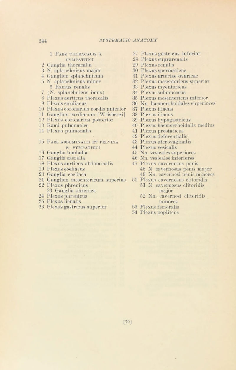 1 Pars tiioracalis s. SYMPATHICI 2 Ganglia thoracalia 3 N. splanchnicus major 4 Ganglion splanchnicum 5 N. splanchnicus minor (i Ramus renalis 7 (N. splanchnicus imus) 8 Plexus aorticus thoracalis 9 Plexus cardiacus 10 Plexus coronarius cordis anterior 11 Ganglion cardiacum [Wrisbergi] 12 Plexus coronarius posterior 13 Rami pulmonales 14 Plexus pulmonalis 15 Pars abdominalis et pelvina S. SYMPATHICI 16 Ganglia lumbalia 17 Ganglia sacralia 18 Plexus aorticus abdominalis 19 Plexus coeliacus 20 Ganglia coeliaca 21 Ganglion mesentericum superius 22 Plexus phrenicus 23 Ganglia phrenica 24 Plexus phrenicus 25 Plexus lienalis 26 Plexus gastricus superior 27 Plexus gastricus inferior 28 Plexus suprarenalis 29 Plexus renalis 30 Plexus spermaticus 31 Plexus arteriae ovaricae 32 Plexus mesentericus superior 33 Plexus myentericus 34 Plexus submucosus 35 Plexus mesentericus inferior 36 Nn. haemorrhoidales superiores 37 Plexus iliacus 38 Plexus iliacus 39 Plexus hypogastricus 40 Plexus haemorrhoidalis medius 41 Plexus prostaticus 42 Plexus deferent ialis 43 Plexus uterovaginal is 44 Plexus vesicalis 45 Nn. vesicales superiores 46 Nn. vesicales inferiores 47 Plexus cavernosus penis 48 N. cavernosus penis major 49 Nn. cavernosi penis minores 50 Plexus cavernosus clitoridis 51 N. cavernosus clitoridis major 52 Nn. cavernosi clitoridis minores 53 Plexus fern oralis 54 Plexus popliteus