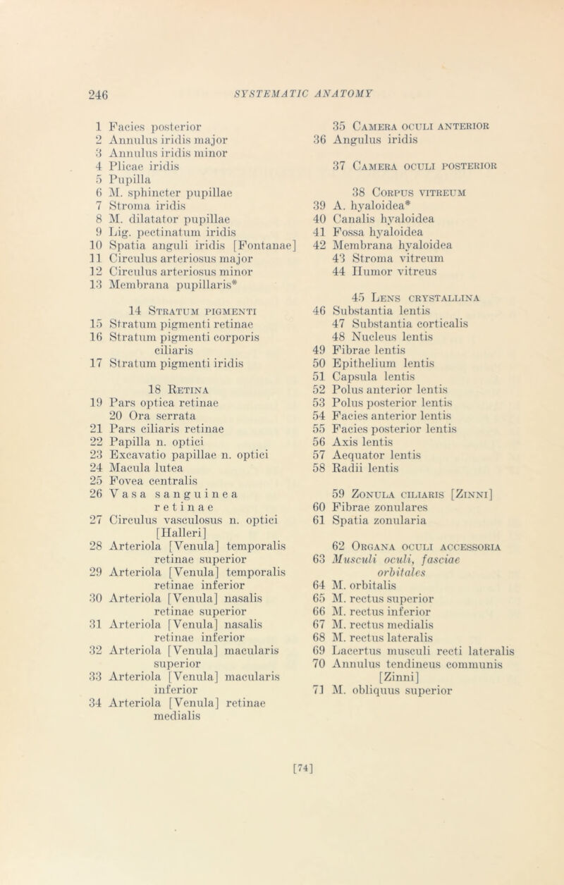 1 Facies posterior 2 Annulus iridis major 3 Annulus iridis minor 4 Plicae iridis 5 Pupilla 6 M. sphincter pupillae 7 Stroma iridis 8 M. dilatator pupillae 9 Lig. pectinatum iridis 10 Spatia anguli iridis [Fontanae] 11 Circulus arteriosus major 12 Circulus arteriosus minor 13 Membrana pupillaris* 14 Stratum pigmenti 15 Stratum pigmenti retinae 16 Stratum pigmenti corporis ciliaris 17 Stratum pigmenti iridis 18 Retina 19 Pars optica retinae 20 Ora serrata 21 Pars ciliaris retinae 22 Papilla n. optici 23 Excavatio papillae n. optici 24 Macula lutea 25 Fovea centralis 26 Vasa sanguinea retinae 27 Circulus vasculosus n. optici [Halleri] 28 Arteriola [Venula] temporalis retinae superior 29 Arteriola [Venula] temporalis retinae inferior 30 Arteriola [Venula] nasalis retinae superior 31 Arteriola [Venula] nasalis retinae inferior 32 Arteriola [Venula] macularis superior 33 Arteriola [Venula] macularis inferior 34 Arteriola [Venula] retinae medialis 35 Camera oculi anterior 36 Angulus iridis 37 Camera oculi posterior 38 Corpus vitreum 39 A. hyaloidea* 40 Canalis hyaloidea 41 Fossa hyaloidea 42 Membrana hyaloidea 43 Stroma vitreum 44 Humor vitreus 45 Lens crystallina 46 Substantia lentis 47 Substantia corticalis 48 Nucleus lentis 49 Fibrae lentis 50 Epithelium lentis 51 Capsula lentis 52 Polus anterior lentis 53 Polus posterior lentis 54 Facies anterior lentis 55 Facies posterior lentis 56 Axis lentis 57 Aequator lentis 58 Radii lentis 59 Zonula ciliaris [Zinni] 60 Fibrae zonulares 61 Spatia zonularia 62 Organa oculi accessoria 63 Musculi oculi, fasciae orbitales 64 M. orbitalis 65 M. rectus superior 66 M. rectus inferior 67 M. rectus medialis 68 M. rectus lateralis 69 Lacertus musculi recti lateralis 70 Annulus tendineus communis [Zinni] 71 M. obliquus superior [74]