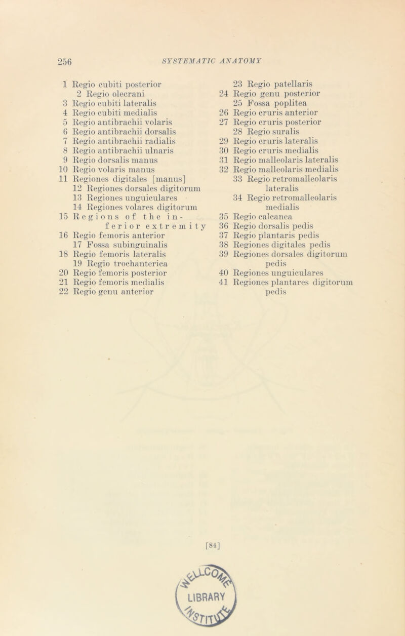 1 Regio cubiti posterior 2 Regio olecrani 3 Regio cubiti lateralis 4 Regio cubiti medialis 5 Regio antibrachii volaris 6 Regio antibrachii dorsalis 7 Regio antibrachii radialis 8 Regio antibrachii ulnaris 9 Regio dorsalis manus 10 Regio volaris manus 11 Regiones digitales [manus] 12 Regiones dorsales digitorum 13 Regiones unguiculares 14 Regiones volares digitorum 15 Regions of the in- ferior extremity 3 6 Regio femoris anterior 17 Fossa subinguinalis 18 Regio femoris lateralis 19 Regio trochanterica 20 Regio femoris posterior 21 Regio femoris medialis 22 Regio genu anterior 23 Regio patellaris 24 Regio genu posterior 25 Fossa poplitea 26 Regio cruris anterior 27 Regio cruris posterior 28 Regio suralis 29 Regio cruris lateralis 30 Regio cruris medialis 31 Regio malleolaris lateralis 32 Regio malleolaris medialis 33 Regio retromalleolaris lateralis 34 Regio retromalleolaris medialis 35 Regio calcanea 36 Regio dorsalis pedis 37 Regio plantar is pedis 38 Regiones digitales pedis 39 Regiones dorsales digitorum pedis 40 Regiones unguiculares 41 Regiones plantares digitorum pedis f8i] ^Co4> library