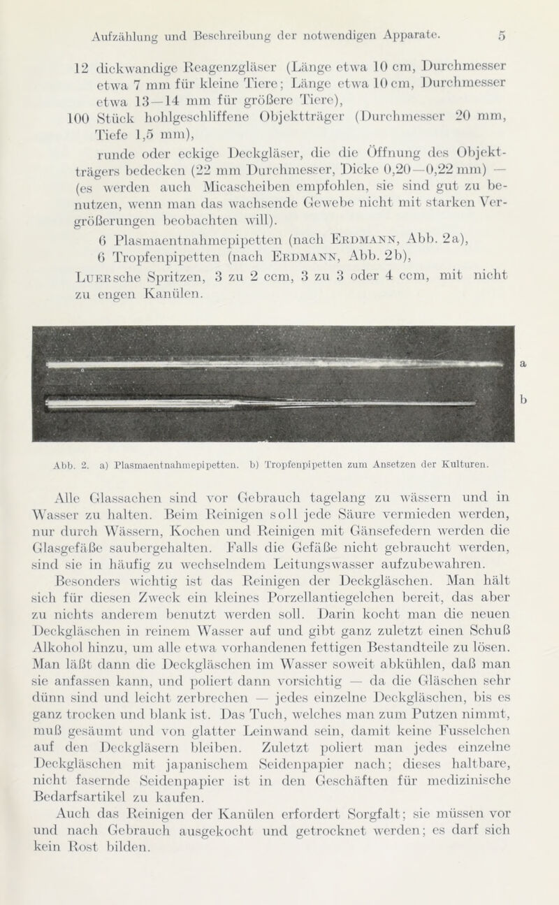 12 (lickwaiKlige Reagenzgläser (Länge etwa 10 cm, Durchmesser etwa 7 mm für kleine Tiere; Länge etwa 10cm, Durchmesser etwa 13 — 14 mm für größere Tiere), 100 Stück hohlgeschliffene Objektträger (Durchmesser 20 mm, Tiefe 1,5 mm), runde oder eckige Deckgläser, die die Öffnung des Objekt- trägers bedecken (22 mm Durchmesser, Dicke 0,20—0,22 mm) — (es werden auch Micascheiben empfohlen, sie sind gut zu be- nutzen, wenn man das \vachsende Gewebe nieht mit starken Ver- größerungen beobachten will). () Plasmaentnahmepipetten (nach Erumann, Abb. 2a), 0 Tropfenpipetten (nach Erdmann, Abb. 2b), Euer sehe Spritzen, 3 zu 2 ccm, 3 zu 3 oder 4 ccm, mit nicht zu engen Kanülen. Abb. 2. a) Plasrnaentnahniepipetten. b) Tropfenpipetten zum Ansetzen der Kulturen. Alle Glassachen sind vor Gebrauch tagelang zu wässern und in M'asser zu halten. Beim Pveinigen soll jede Säure vermieden werden, nur durch Wässern, Kochen und Reinigen mit Gänsefedern werden die Glasgefäße saubergehalten. Kalls die Gefäße nicht gebraucht werden, sind sie in häufig zu wechselndem Leitungswasser aufzubewahren. Bt'sonders wichtig ist das Reinigen der Deckgläschen. Man hält sich für diesen Zweck ein kleines Porzellantiegelchen bereit, das aber zu nichts anderem benutzt werden soll. Darin kocht man die neuen Deckgläschen in reinem Wasser auf und gibt ganz zuletzt einen Sehuß Alkohol hinzu, um alle etwa vorhandenen fettigen Bestandteile zu lösen. Man läßt dann die Deckgläschen im Wasser soweit abkühlen, daß man sie anfassen kami, und ])oliert dann vorsichtig — da die Gläschen sehr dünn sind und leicht zerbrechen — jedes einzelne Deekgläsehen, bis es ganz trocken und blank ist. Das Tuch, welches man zum Putzen nimmt, muß gesäumt und von glatter Leinvand sein, damit keine kkisselchen auf den Deckgläsern bleiben. Zuletzt ])oliert man jedes einzelne Deckgläschen mit japanischem Seidejipajfier nach; dieses haltbare, nicht fasernde Seidenpapier ist in den Gesehäften für medizinische Bc'darfsartikel zu kaufen. Auch das Reiiiigen der Kanülen erfordert Sorgfalt; sie müssen vor und naeh Gebrauch ausgekocht und getrocknet werden; es darf sich kein Rost bilden.