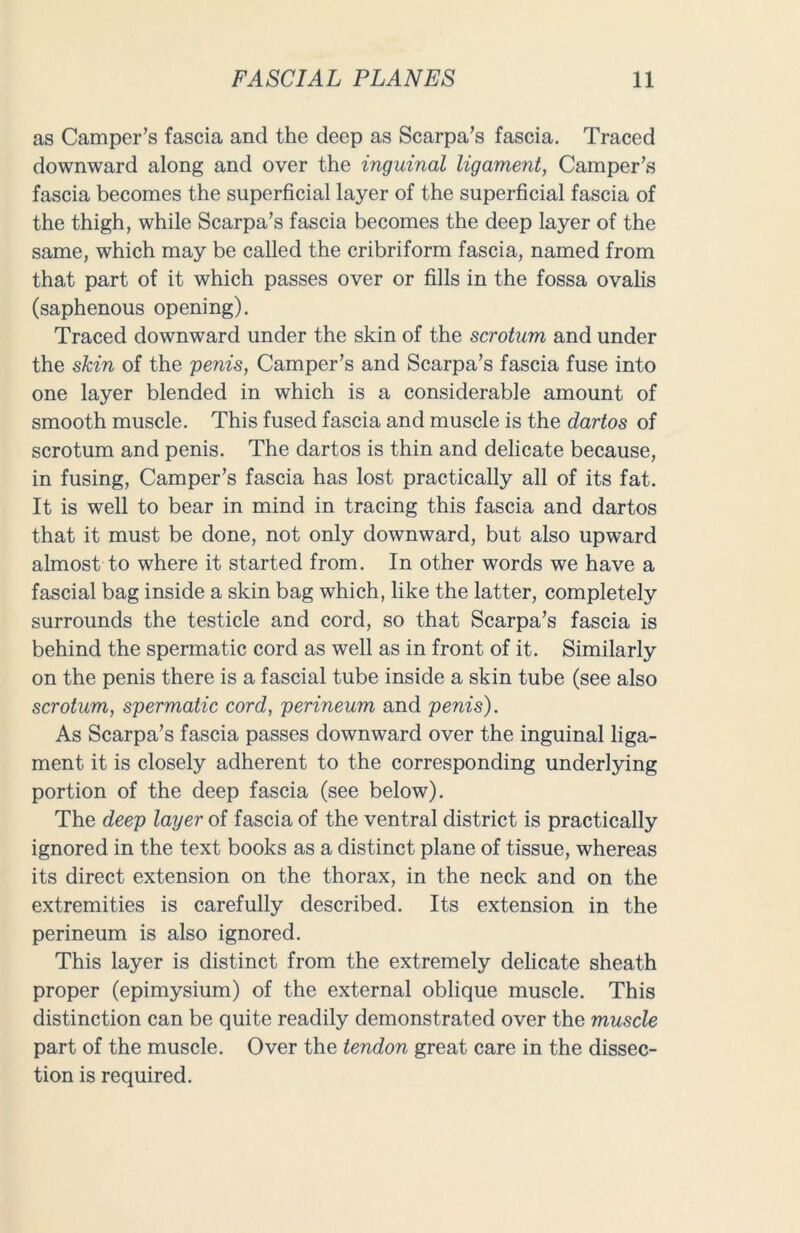 as Camper’s fascia and the deep as Scarpa’s fascia. Traced downward along and over the inguinal ligament, Camper’s fascia becomes the superficial layer of the superficial fascia of the thigh, while Scarpa’s fascia becomes the deep layer of the same, which may be called the cribriform fascia, named from that part of it which passes over or fills in the fossa ovalis (saphenous opening). Traced downward under the skin of the scrotum and under the skin of the penis, Camper’s and Scarpa’s fascia fuse into one layer blended in which is a considerable amount of smooth muscle. This fused fascia and muscle is the dartos of scrotum and penis. The dartos is thin and delicate because, in fusing, Camper’s fascia has lost practically all of its fat. It is well to bear in mind in tracing this fascia and dartos that it must be done, not only downward, but also upward almost to where it started from. In other words we have a fascial bag inside a skin bag which, like the latter, completely surrounds the testicle and cord, so that Scarpa’s fascia is behind the spermatic cord as well as in front of it. Similarly on the penis there is a fascial tube inside a skin tube (see also scrotum, spermatic cord, perineum and penis). As Scarpa’s fascia passes downward over the inguinal liga- ment it is closely adherent to the corresponding underlying portion of the deep fascia (see below). The deep layer of fascia of the ventral district is practically ignored in the text books as a distinct plane of tissue, whereas its direct extension on the thorax, in the neck and on the extremities is carefully described. Its extension in the perineum is also ignored. This layer is distinct from the extremely delicate sheath proper (epimysium) of the external oblique muscle. This distinction can be quite readily demonstrated over the muscle part of the muscle. Over the tendon great care in the dissec- tion is required.