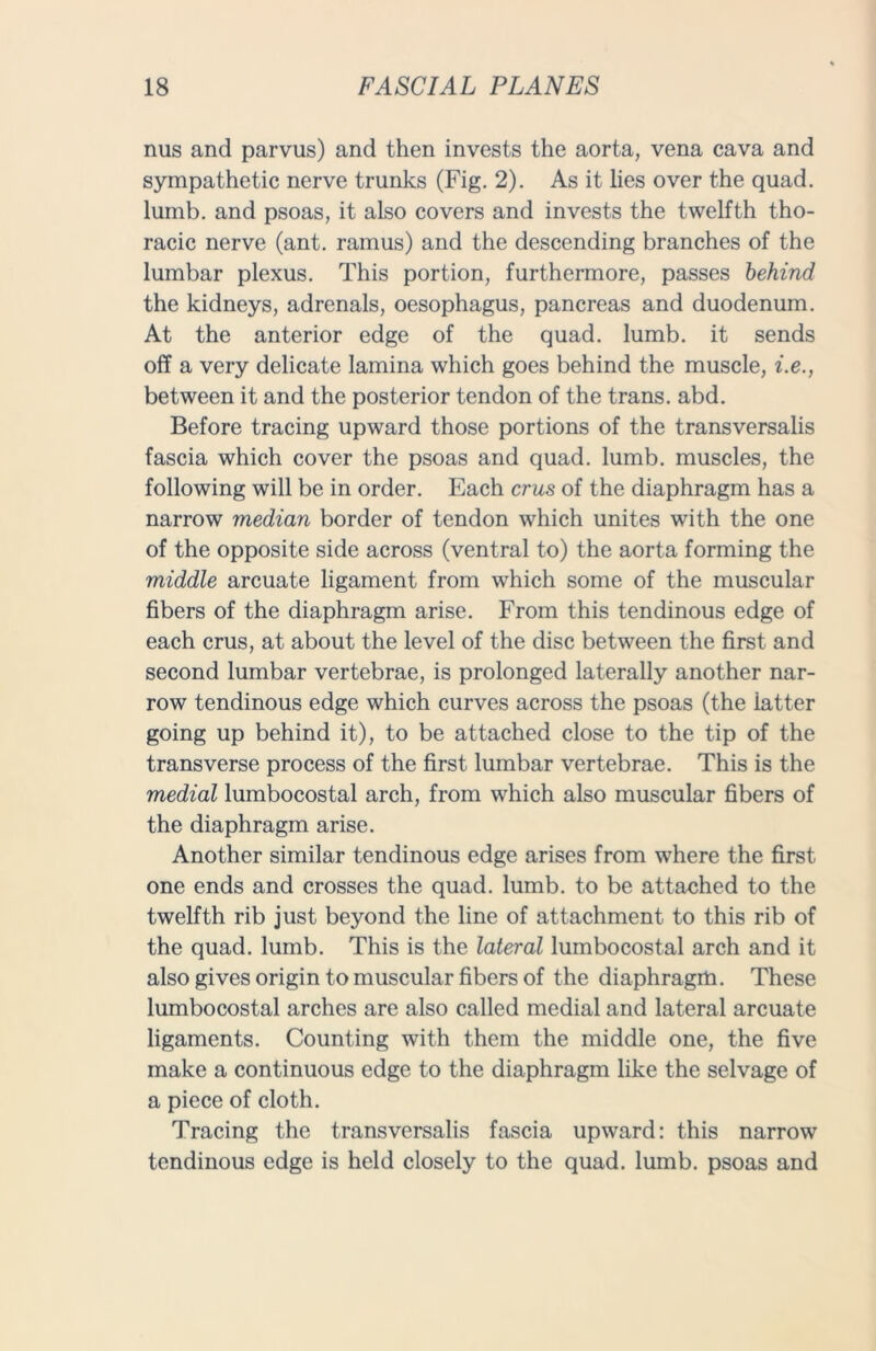 nus and parvus) and then invests the aorta, vena cava and sympathetic nerve trunks (Fig. 2). As it lies over the quad, lumb. and psoas, it also covers and invests the twelfth tho- racic nerve (ant. ramus) and the descending branches of the lumbar plexus. This portion, furthermore, passes behind the kidneys, adrenals, oesophagus, pancreas and duodenum. At the anterior edge of the quad. lumb. it sends off a very delicate lamina which goes behind the muscle, i.e., between it and the posterior tendon of the trans. abd. Before tracing upward those portions of the transversalis fascia which cover the psoas and quad. lumb. muscles, the following will be in order. Each crus of the diaphragm has a narrow median border of tendon which unites with the one of the opposite side across (ventral to) the aorta forming the middle arcuate ligament from which some of the muscular fibers of the diaphragm arise. From this tendinous edge of each crus, at about the level of the disc between the first and second lumbar vertebrae, is prolonged laterally another nar- row tendinous edge which curves across the psoas (the latter going up behind it), to be attached close to the tip of the transverse process of the first lumbar vertebrae. This is the medial lumbocostal arch, from which also muscular fibers of the diaphragm arise. Another similar tendinous edge arises from where the first one ends and crosses the quad. lumb. to be attached to the twelfth rib just beyond the line of attachment to this rib of the quad. lumb. This is the lateral lumbocostal arch and it also gives origin to muscular fibers of the diaphragm. These lumbocostal arches are also called medial and lateral arcuate ligaments. Counting with them the middle one, the five make a continuous edge to the diaphragm like the selvage of a piece of cloth. Tracing the transversalis fascia upward: this narrow tendinous edge is held closely to the quad. lumb. psoas and