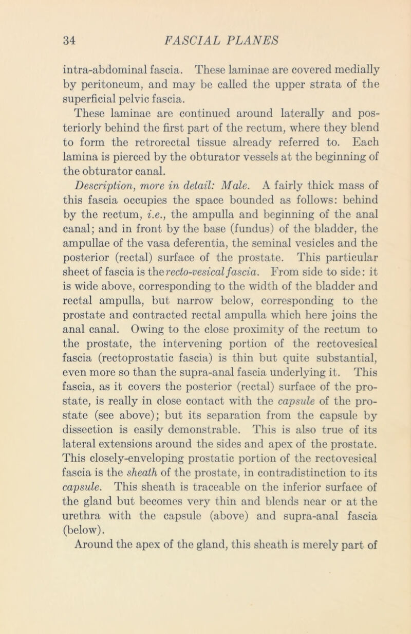 intra-abdominal fascia. These laminae are covered medially by peritoneum, and may be called the upper strata of the superficial pelvic fascia. These laminae are continued around laterally and pos- teriorly behind the first part of the rectum, where they blend to form the retrorectal tissue already referred to. Each lamina is pierced by the obturator vessels at the beginning of the obturator canal. Description, more in detail: Male. A fairly thick mass of this fascia occupies the space bounded as follows: behind by the rectum, i.e., the ampulla and beginning of the anal canal; and in front by the base (fundus) of the bladder, the ampullae of the vasa deferentia, the seminal vesicles and the posterior (rectal) surface of the prostate. This particular sheet of fascia is the recto-vesical fascia. From side to side: it is wide above, corresponding to the width of the bladder and rectal ampulla, but narrow below, corresponding to the prostate and contracted rectal ampulla which here joins the anal canal. Owing to the close proximity of the rectum to the prostate, the intervening portion of the rectovesical fascia (rectoprostatic fascia) is thin but quite substantial, even more so than the supra-anal fascia underlying it. This fascia, as it covers the posterior (rectal) surface of the pro- state, is really in close contact with the capsule of the pro- state (see above); but its separation from the capsule by dissection is easily demonstrable. This is also true of its lateral extensions around the sides and apex of the prostate. This closely-enveloping prostatic portion of the rectovesical fascia is the sheath of the prostate, in contradistinction to its capsule. This sheath is traceable on the inferior surface of the gland but becomes very thin and blends near or at the urethra with the capsule (above) and supra-anal fascia (below). Around the apex of the gland, this sheath is merely part of
