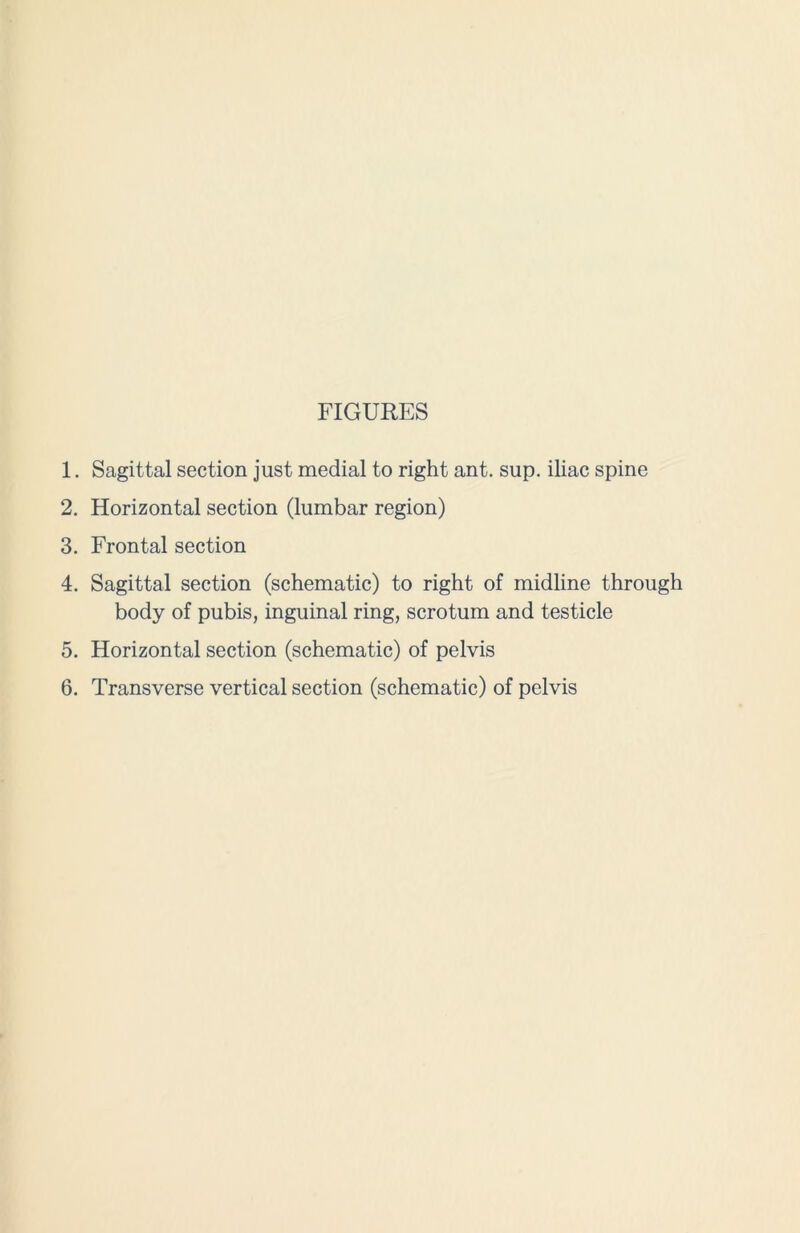 FIGURES 1. Sagittal section just medial to right ant. sup. iliac spine 2. Horizontal section (lumbar region) 3. Frontal section 4. Sagittal section (schematic) to right of midline through body of pubis, inguinal ring, scrotum and testicle 5. Horizontal section (schematic) of pelvis 6. Transverse vertical section (schematic) of pelvis