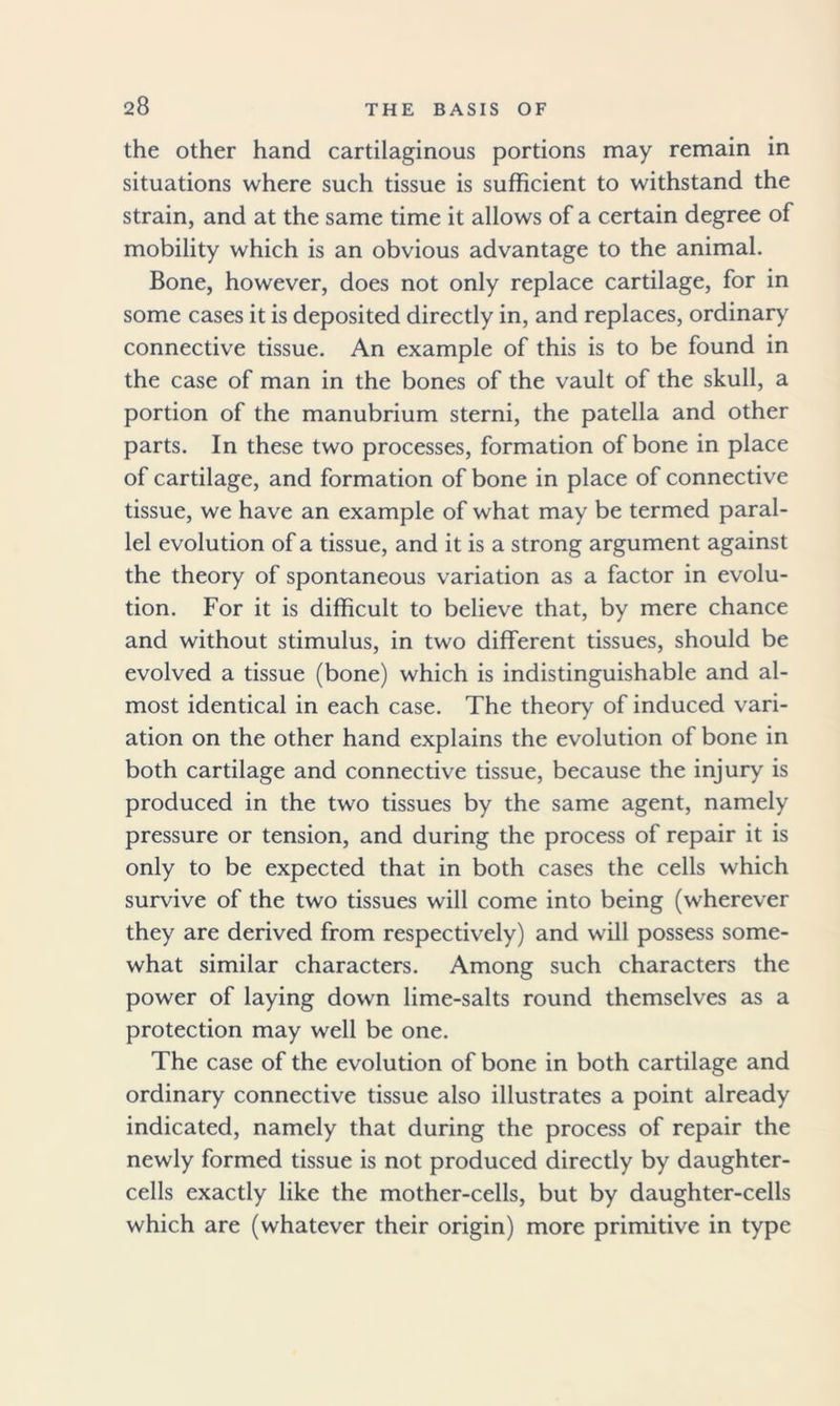 the other hand cartilaginous portions may remain in situations where such tissue is sufficient to withstand the strain, and at the same time it allows of a certain degree of mobility which is an obvious advantage to the animal. Bone, however, does not only replace cartilage, for in some cases it is deposited directly in, and replaces, ordinary connective tissue. An example of this is to be found in the case of man in the bones of the vault of the skull, a portion of the manubrium sterni, the patella and other parts. In these two processes, formation of bone in place of cartilage, and formation of bone in place of connective tissue, we have an example of what may be termed paral- lel evolution of a tissue, and it is a strong argument against the theory of spontaneous variation as a factor in evolu- tion. For it is difficult to believe that, by mere chance and without stimulus, in two different tissues, should be evolved a tissue (bone) which is indistinguishable and al- most identical in each case. The theory of induced vari- ation on the other hand explains the evolution of bone in both cartilage and connective tissue, because the injury is produced in the two tissues by the same agent, namely pressure or tension, and during the process of repair it is only to be expected that in both cases the cells which survive of the two tissues will come into being (wherever they are derived from respectively) and will possess some- what similar characters. Among such characters the power of laying down lime-salts round themselves as a protection may well be one. The case of the evolution of bone in both cartilage and ordinary connective tissue also illustrates a point already indicated, namely that during the process of repair the newly formed tissue is not produced directly by daughter- cells exactly like the mother-cells, but by daughter-cells which are (whatever their origin) more primitive in type