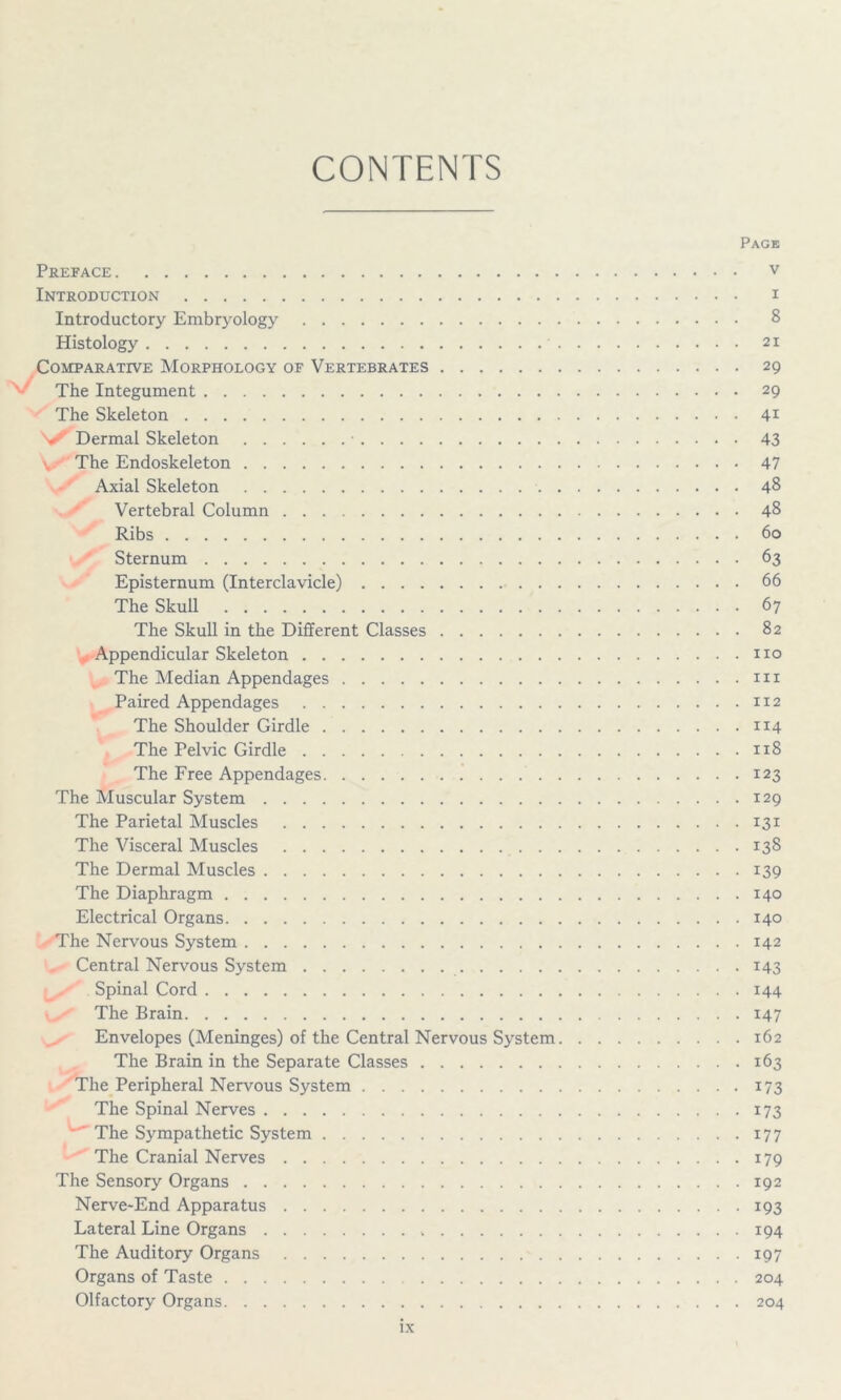 CONTENTS Page Preface v Introduction i Introductory Embryology 8 Histology 21 Comparative Morphology of Vertebrates 29 The Integument 29 The Skeleton 41 . Dermal Skeleton • 43 V The Endoskeleton 47 Axial Skeleton 48 Vertebral Column 48 Ribs 60 Sternum 63 Episternum (Interclavicle) 66 The Skull 67 The Skull in the Different Classes 82 Appendicular Skeleton no The Median Appendages m Paired Appendages 112 The Shoulder Girdle 114 The Pelvic Girdle 118 The Free Appendages 123 The Muscular System 129 The Parietal Muscles 131 The Visceral Muscles 138 The Dermal Muscles 139 The Diaphragm 140 Electrical Organs 140 The Nervous System 142 Central Nervous System 143 Spinal Cord 144 The Brain 147 Envelopes (Meninges) of the Central Nervous System 162 The Brain in the Separate Classes 163 The Peripheral Nervous System 173 The Spinal Nerves 173 The Sympathetic System 177 The Cranial Nerves 179 The Sensory Organs 192 Nerve-End Apparatus 193 Lateral Line Organs . 194 The Auditory Organs 197 Organs of Taste 204 Olfactory Organs 204 IX