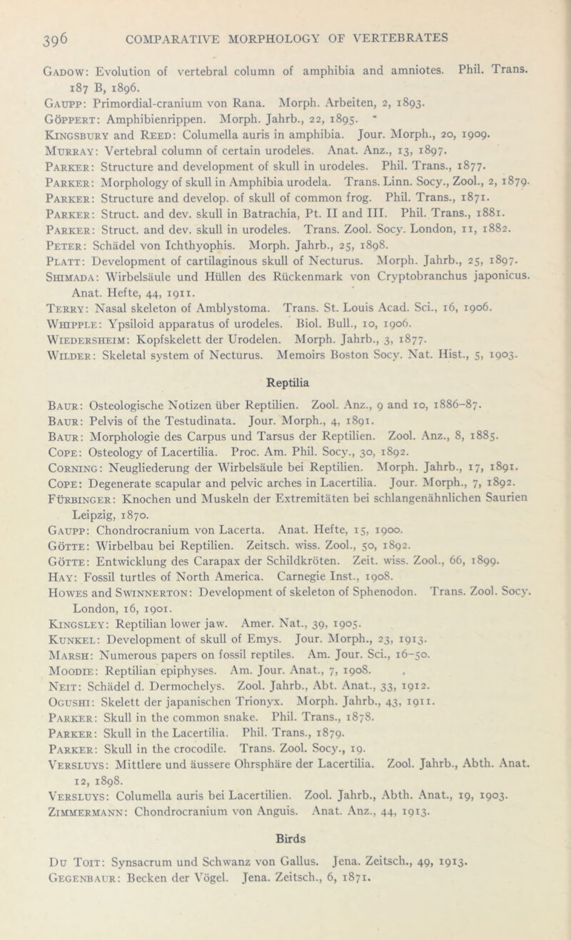 Gadow: Evolution of vertebral column of amphibia and amniotes. Phil. Trans. 187 B, 1896. Gaupp: Primordial-cranium von Rana. Morph. Arbeiten, 2, 1893. Goppert: Amphibienrippen. Morph. Jahrb., 22, 1895. ' Kingsbury and Reed: Columella auris in amphibia. Jour. Morph., 20, 1909. Murray: Vertebral column of certain urodeles. Anat. Anz., 13, 1897. Parker: Structure and development of skull in urodeles. Phil. Trans., 1877. Parker: Morphology of skull in Amphibia urodela. Trans. Linn. Socy., Zool., 2, 1879. Parker: Structure and develop, of skull of common frog. Phil. Trans., 1871. Parker: Struct, and dev. skull in Batrachia, Pt. II and III. Phil. Trans., 1881. Parker: Struct, and dev. skull in urodeles. Trans. Zool. Socy. London, 11, 1882. Peter: Schiidel von Ichthyophis. Morph. Jahrb., 25, 1898. Platt: Development of cartilaginous skull of Necturus. Morph. Jahrb., 25, 1897. Shimada: Wirbelsaule und Hiillen des Riickenmark von Cryptobranchus japonicus. Anat. Hefte, 44, 1911. Terry: Nasal skeleton of Amblystoma. Trans. St. Louis Acad. Sci., 16, 1906. Whipple: Ypsiloid apparatus of urodeles. Biol. Bull., 10, 1906. Wiedersiieim: Kopfskelett der Urodelen. Morph. Jahrb., 3, 1877. Wilder: Skeletal system of Necturus. Memoirs Boston Socy. Nat. Hist., 5, 1903. Reptilia Baur: Osteologische Notizen liber Reptilien. Zool. Anz., 9 and 10, 1886-87. Baur: Pelvis of the Testudinata. Jour. Morph., 4, 1891. Baur: Morphologie des Carpus und Tarsus der Reptilien. Zool. Anz., 8, 1885. Cope: Osteology of Lacertilia. Proc. Am. Phil. Socy., 30, 1892. Corning: Neugliederung der Wirbelsaule bei Reptilien. Morph. Jahrb., 17, 1891. Cope: Degenerate scapular and pelvic arches in Lacertilia. Jour. Morph., 7, 1892. Furbinger: Knochen und Muskeln der Extremitaten bei schlangeniihnlichen Saurien Leipzig, 1870. Gaupp: Chondrocranium von Lacerta. Anat. Hefte, 15, 1900. Gotte: Wirbelbau bei Reptilien. Zeitsch. wiss. Zool., 50, 1892. Gotte: Entwicklung des Carapax der Schildkroten. Zeit. wiss. Zool., 66, 1899. Hay: Fossil turtles of North America. Carnegie Inst., 1908. Howes and Swinnerton: Development of skeleton of Sphenodon. Trans. Zool. Socy. London, 16, 1901. Kingsley: Reptilian lower jaw. Amer. Nat., 39, 1905. Kunkel: Development of skull of Emys. Jour. Morph., 23, 1913. Marsh: Numerous papers on fossil reptiles. Am. Jour. Sci., 16-50. Moodie: Reptilian epiphyses. Am. Jour. Anat., 7, 1908. Neit: Schiidel d. Dermochelys. Zool. Jahrb., Abt. Anat., 33, 1912. Ogusiii: Skelett der japanischen Trionvx. Morph. Jahrb., 43, 1911. Parker: Skull in the common snake. Phil. Trans., 1878. Parker: Skull in the Lacertilia. Phil. Trans., 1879. Parker: Skull in the crocodile. Trans. Zool. Socy., 19. Versluys: Mittlere und iiussere Ohrsphare der Lacertilia. Zool. Jahrb., Abth. Anat. 12, 1898. Versluys: Columella auris bei Lacertilien. Zool. Jahrb., Abth. Anat., 19, 1903. Zimmermann: Chondrocranium von Anguis. Anat. Anz., 44, 1913. Birds Du Toit: Synsacrum und Schwanz von Gallus. Jena. Zeitsch., 49, 1913. Gegenbaur: Becken der Vogel. Jena. Zeitsch., 6, 1871.