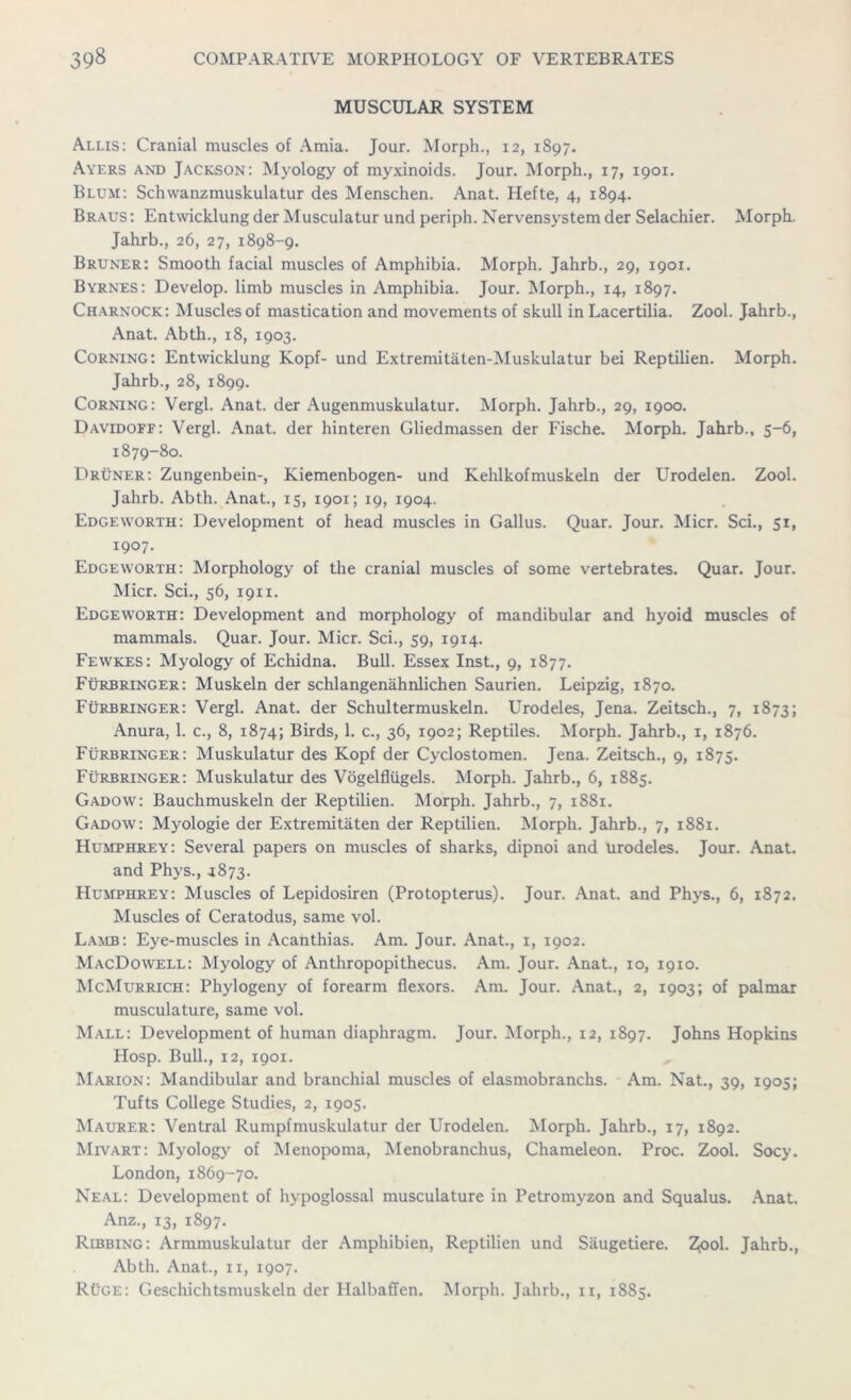 MUSCULAR SYSTEM Allis: Cranial muscles of Amia. Jour. Morph., 12, 1897. Ayers and Jackson: Myology of myxinoids. Jour. Morph., 17, 1901. Blum: Schwanzmuskulatur des Menschen. Anat. Hefte, 4, 1894. Braus : Entwicklung der Musculatur und periph. Nervensystem der Selachier. Morph. Jahrb., 26, 27, 1898-9. Bruner: Smooth facial muscles of Amphibia. Morph. Jahrb., 29, 1901. Byrnes: Develop, limb muscles in Amphibia. Jour. Morph., 14, 1897. Charnock: Muscles of mastication and movements of skull in Lacertilia. Zool. Jahrb., Anat. Abth., 18, 1903. Corning: Entwicklung Kopf- und Extremitiiten-Muskulatur bei Reptilien. Morph. Jahrb., 28, 1899. Corning: Vergl. Anat. der Augenmuskulatur. Morph. Jahrb., 29, 1900. Davidoff: Vergl. Anat. der hinteren Gliedmassen der Fische. Morph. Jahrb., 5-6, 1879-80. Druner: Zungenbein-, Kiemenbogen- und Kehlkofmuskeln der Urodelen. Zool. Jahrb. Abth. Anat., 15, 1901; 19, 1904. Edgeworth: Development of head muscles in Gallus. Quar. Jour. Micr. Sci., 51, 1907- Edge worth: Morphology of the cranial muscles of some vertebrates. Quar. Jour. Micr. Sci., 56, 1911. Edgeworth: Development and morphology of mandibular and hyoid muscles of mammals. Quar. Jour. Micr. Sci., 59, 1914. Fewkes: Myology of Echidna. Bull. Essex Inst., 9, 1877. Furbringer: Muskeln der schlangenahnlichen Saurien. Leipzig, 1870. Furbringer: Vergl. Anat. der Schultermuskeln. Urodeles, Jena. Zeitsch., 7, 1873; Anura, 1. c., 8, 1874; Birds, 1. c., 36, 1902; Reptiles. Morph. Jahrb., 1, 1876. Furbringer: Muskulatur des Kopf der Cyclostomen. Jena. Zeitsch., 9, 1875. Furbringer: Muskulatur des Vogelflugels. Morph. Jahrb., 6, 1885. Gadow: Bauchmuskeln der Reptilien. Morph. Jahrb., 7, 1881. Gadow: Myologie der Extremitaten der Reptilien. Morph. Jahrb., 7, 1881. Humphrey: Several papers on muscles of sharks, dipnoi and urodeles. Jour. Anat. and Phys., 1873. Humphrey: Muscles of Lepidosiren (Protopterus). Jour. Anat. and Phys., 6, 1872. Muscles of Ceratodus, same vol. Lamb: Eye-muscles in Acanthias. Am. Jour. Anat., 1, 1902. MacDowell: Myology of Anthropopithecus. Am. Jour. Anat., 10, 1910. McMurrich: Phylogeny of forearm flexors. Am. Jour. Anat., 2, 1903; of palmar musculature, same vol. Mall: Development of human diaphragm. Jour. Morph., 12, 1897. Johns Hopkins IIosp. Bull., 12, 1901. Marion: Mandibular and branchial muscles of elasmobranchs. Am. Nat., 39, 1905; Tufts College Studies, 2, 1905. Maurer: Ventral Rumpfmuskulatur der Urodelen. Morph. Jahrb., 17, 1892. Mivart: Myology of Menopoma, Menobranchus, Chameleon. Proc. Zool. Socy. London, 1869-70. Neal: Development of hypoglossal musculature in Petromyzon and Squalus. Anat. Anz., 13, 1897. Ribbing: Armmuskulatur der Amphibien, Reptilien und Saugetiere. ^ool. Jahrb., Abth. Anat., 11, 1907. ROge: Geschichtsmuskeln der Halbaffen. Morph. Jahrb., 11, 1885.