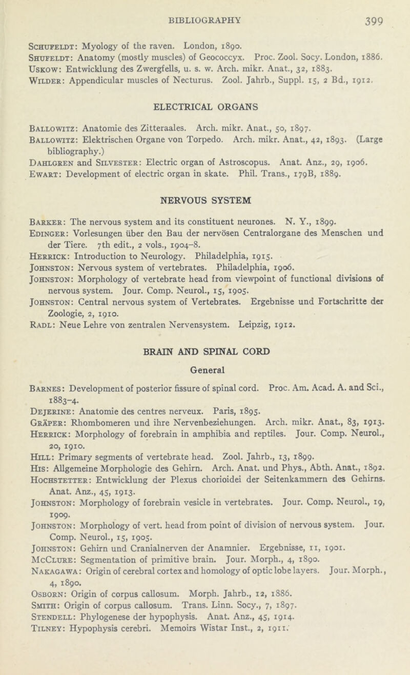 Schufeldt: Myology of the raven. London, 1890. Shufeldt: Anatomy (mostly muscles) of Geococcyx. Proc. Zool. Socy. London, 1886. Uskow: Entwicklung des Zwergfells, u. s. w. Arch. mikr. Anat., 32, 1883. Wilder: Appendicular muscles of Necturus. Zool. Jahrb., Suppl. 15, 2 Bd., 1912. ELECTRICAL ORGANS Ballowitz: Anatomie des Zitteraales. Arch. mikr. Anat., 50, 1897. Ballowitz: Elektrischen Organe von Torpedo. Arch. mikr. Anat., 42, 1893. (Large bibliography.) Dahlgren and Silvester: Electric organ of Astroscopus. Anat. Anz., 29, 1906. Ewart: Development of electric organ in skate. Phil. Trans., 179B, 1889. NERVOUS SYSTEM Barker: The nervous system and its constituent neurones. N. Y., 1899. Edinger: Vorlesungen liber den Bau der nervosen Centralorgane des Menschen und der Tiere. 7th edit., 2 vols., 1904-8. Herrick: Introduction to Neurology. Philadelphia, 1915. Johnston: Nervous system of vertebrates. Philadelphia, 1906. Johnston: Morphology of vertebrate head from viewpoint of functional divisions of nervous system. Jour. Comp. Neurol., 15, 1905. Johnston: Central nervous system of Vertebrates. Ergebnisse und Fortschritte der Zoologie, 2, 1910. Radl: Neue Lehre von zentralen Nervensystem. Leipzig, 1912. BRAIN AND SPINAL CORD General Barnes: Development of posterior fissure of spinal cord. Proc. Am. Acad. A. and Sci., 1883-4. Dejerine: Anatomie des centres nerveux. Paris, 1893. Graper: Rhombomeren und ihre Nervenbeziehungen. Arch. mikr. Anat., 83, 1913. Herrick: Morphology of forebrain in amphibia and reptiles. Jour. Comp. Neurol., 20, 1910. Hill: Primary segments of vertebrate head. Zool. Jahrb., 13, 1899. His: Allgemeine Morphologie des Gehirn. Arch. Anat. und Phys., Abth. Anat., 1892. Hochstetter: Entwicklung der Plexus chorioidei der Seitenkammern des Gehirns. Anat. Anz., 45, 1913. Johnston: Morphology of forebrain vesicle in vertebrates. Jour. Comp. Neurol., 19, I9°9- Johnston: Morphology of vert, head from point of division of nervous system. Jour. Comp. Neurol., 15, 1905. Johnston: Gehirn und Cranialnerven der Anamnier. Ergebnisse, 11, 1901. McClure: Segmentation of primitive brain. Jour. Morph., 4, 1890. Nakagawa : Origin of cerebral cortex and homology of optic lobe layers. Jour. Morph., 4, 1890. Osborn: Origin of corpus callosum. Morph. Jahrb., 12, 1886. Smith: Origin of corpus callosum. Trans. Linn. Socy., 7, 1897. Stendell: Phylogenese der hypophysis. Anat. Anz., 45, 1914. Tilney: Hypophysis cerebri. Memoirs Wistar Inst., 2, 1911: