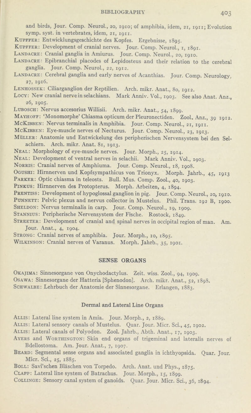 and birds, Jour. Comp. Neurol., 20, 1910; of amphibia, idem, 21, 1911; Evolution symp. syst. in vertebrates, idem, 21, 1911. Kupffer: Entwicklungsgeschichte des Kopfes. Ergebnisse, 1895. Ktjpffer: Development of cranial nerves. Jour. Comp. Neurol., 1, 1891. Landacre: Cranial ganglia in Amiurus. Jour. Comp. Neurol., 20, 1910. Landacre: Epibranchial placodes of Lepidosteus and their relation to the cerebral ganglia. Jour. Comp. Neurol., 22, 1912. Landacre: Cerebral ganglia and early nerves of Acanthias. Jour. Comp. Neurology, 27, 1916. Lenhossek: Ciliarganglion der Reptilien. Arch. mikr. Anat., 80, 1912. Locy: New cranial nerve in selachians. Mark Anniv. Vol., 1903. See also Anat. Anz., 26, 1905. Lubosch: Nervus accesorius Willisii. Arch. mikr. Anat., 54, 1899. Mayhoff: ‘Monomorphe’Chiasma opticum der Pleuronectiden. Zool, Anz., 39 1912. McKibben: Nervus terminalis in Amphibia. Jour. Comp. Neurol., 21, 1911. McKibben: Eye-muscle nerves of Necturus. Jour. Comp. Neurol., 23, 1913. Muller: Anatomie und Entvvickelung des peripherischen Nervensystem bei den Sel- achiern. Arch. mikr. Anat. 8r, 1913. Neal: Morphology of eye-muscle nerves. Jour. Morph., 25, 1914. Neal: Development of ventral nerves in selachii. Mark Anniv. Vol., 1903. Norris: Cranial nerves of Amphiuma. Jour. Comp. Neurol., 18, 1908. Ogushi: Hirnnerven und Kopfsympathicus von Trionyx. Morph. Jahrb., 45, 1913 Parker: Optic chiasma in teleosts. Bull. Mus. Comp. Zool., 40, 1903. Pinkus: Hirnnerven des Protopterus. Morph. Arbeiten, 4, 1894. Prentiss: Development of hypoglossal ganglion in pig. Jour. Comp. Neurol., 20, 1910. Punnett: Pelvic plexus and nervus collector in Mustelus. Phil. Trans. 192 B, 1900. Sheldon: Nervus terminalis in carp. Jour. Comp. Neurol., 19, 1909. Stannius: Peripherische Nervensystem der Frsche. Rostock, 1849. Streeter: Development of cranial and spinal nerves in occipital region of man. Am. Jour. Anat., 4, 1904. Strong: Cranial nerves of amphibia. Jour. Morph., 10, 1895. Wilkinson: Cranial nerves of Varanus. Morph. Jahrb., 35, 1901. SENSE ORGANS Okajima: Sinnesorgane von Onychodactylus. Zeit. wiss. Zool., 94, 1909. Osawa: Sinnesorgane der Hatteria [Sphenodon]. Arch. mikr. Anat., 52, 1898. Schwalbe: Lehrbuch der Anatomie der Sinnesorgane. Erlangen, 1883. Dermal and Lateral Line Organs Allis: Lateral line system in Amia. Jour. Morph., 2, 1889. Allis: Lateral sensory canals of Mustelus. Quar. Jour. Micr. Sci., 45, 1902. Allis: Lateral canals of Polyodon. Zool. Jahrb., Abth. Anat., 17, 1903. Ayers and Worthington: Skin end organs of trigeminal and lateralis nerves of Bdellostoma. Am. Jour. Anat., 7, 1907. Beard: Segmental sense organs and associated ganglia in ichthyopsida. Quar. Jour. Micr. Sci., 25, 1885. Boll: Savi’schen Blaschen von Torpedo. Arch. Anat. und Phys., 1875. Clapp: Lateral line system of Batrachus. Jour. Morph., 15, 1899. Collinge: Sensory canal system of ganoids. Quar. Jour. Micr. Sci., 36, 1894.