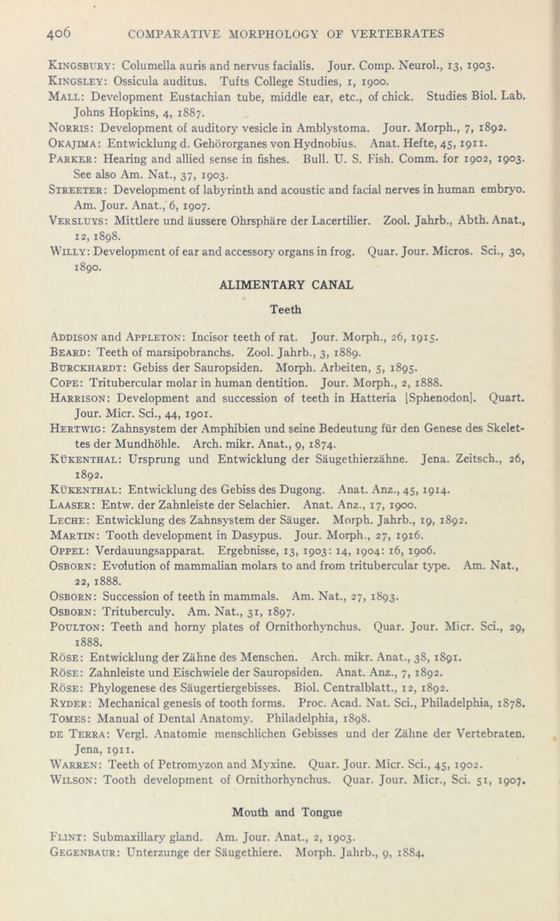 Kingsbury: Columella auris and nervus facialis. Jour. Comp. Neurol., 13, 1903. Kingsley: Ossicula auditus. Tufts College Studies, 1, 1900. Mall: Development Eustachian tube, middle ear, etc., of chick. Studies Biol. Lab. Johns Hopkins, 4, 1887. Norris: Development of auditory vesicle in Amblystoma. Jour. Morph., 7, 1892. Okajima: Entwicklung d. Gehororganes von Hydnobius. Anat. Hefte, 45,1911. Parker: Hearing and allied sense in fishes. Bull. U. S. Fish. Comm, for 1902, 1903. See also Am. Nat., 37, 1903. Streeter: Development of labyrinth and acoustic and facial nerves in human embryo. Am. Jour. Anat., 6, 1907. Versluys: Mittlere und aussere Ohrsphare der Lacertilier. Zool. Jahrb., Abth. Anat., 12, 1898. Willy: Development of ear and accessory organs in frog. Quar. Jour. Micros. Sci., 30, 1890. ALIMENTARY CANAL Teeth Addison and Appleton: Incisor teeth of rat. Jour. Morph., 26, 1915. Beard: Teeth of marsipobranchs. Zool. Jahrb., 3, 1889. Burckhardt: Gebiss der Sauropsiden. Morph. Arbeiten, 5, 1895. Cope: Tritubercular molar in human dentition. Jour. Morph., 2, 1888. Harrison: Development and succession of teeth in Hatteria [Sphenodon], Quart. Jour. Micr. Sci., 44, 1901. Hertwig: Zahnsystem der Amphibien und seine Bedeutung fur den Genese des Skelet- tes der Mundhohle. Arch. mikr. Anat., 9, 1874. Kukenthal: Ursprung und Entwicklung der Saugethierzahne. Jena. Zeitsch., 26, 1892. Kukenthal: Entwicklung des Gebiss des Dugong. Anat. Anz., 45, 1914. Laaser: Entw. der Zahnleiste der Selachier. Anat. Anz., 17, 1900. Leche: Entwicklung des Zahnsystem der Sauger. Morph. Jahrb., 19, 1892. Martin: Tooth development in Dasypus. Jour. Morph., 27, 1916. Oppel: Verdauungsapparat. Ergebnisse, 13, 1903: 14, 1904: 16, 1906. Osborn: Evolution of mammalian molars to and from tritubercular type. Am. Nat., 22, 1888. Osborn: Succession of teeth in mammals. Am. Nat., 27, 1893. Osborn: Trituberculy. Am. Nat., 31, 1897. Poulton: Teeth and horny plates of Ornithorhynchus. Quar. Jour. Micr. Sci., 29, 1888. Rose: Entwicklung der Zahne des Menschen. Arch. mikr. Anat., 38, 1891. Rose: Zahnleiste und Eischwiele der Sauropsiden. Anat. Anz., 7, 1892. Rose: Phylogenese des Saugertiergebisses. Biol. Centralblatt., 12, 1892. Ryder: Mechanical genesis of tooth forms. Proc. Acad. Nat. Sci., Philadelphia, 1878. Tomes: Manual of Dental Anatomy. Philadelphia, 1898. de Terra: Vergl. Anatomie menschlichen Gebisses und der Zahne der Vertebraten. Jena, 1911. Warren: Teeth of Petromyzon and Myxine. Quar. Jour. Micr. Sci., 45, 1902. Wilson: Tooth development of Ornithorhynchus. Quar. Jour. Micr., Sci. 51, 1907. Mouth and Tongue Flint: Submaxillary gland. Am. Jour. Anat., 2, 1903. Gegenbaur: Unterzunge der Saugethiere. Morph. Jahrb., 9, 1S84.