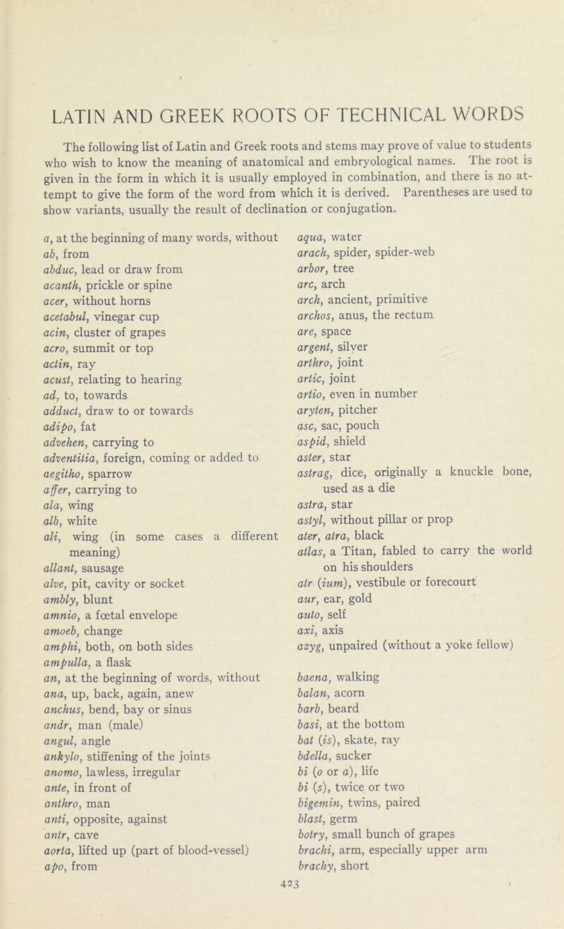 LATIN AND GREEK ROOTS OF TECHNICAL WORDS The following list of Latin and Greek roots and stems may prove of value to students who wish to know the meaning of anatomical and embryological names. The root is given in the form in which it is usually employed in combination, and there is no at- tempt to give the form of the word from which it is derived. Parentheses are used to show variants, usually the result of declination or conjugation. a, at the beginning of many words, without ab, from abduc, lead or draw from acanth, prickle or spine acer, without horns acetabul, vinegar cup acin, cluster of grapes aero, summit or top actin, ray acust, relating to hearing ad, to, towards adduct, draw to or towards adipo, fat advehen, carrying to adventitia, foreign, coming or added to aegitho, sparrow affer, carrying to ala, wing alb, white ali, wing (in some cases a different meaning) allant, sausage alve, pit, cavity or socket ambly, blunt amnio, a foetal envelope amoeb, change am phi, both, on both sides ampulla, a flask an, at the beginning of words, without ana, up, back, again, anew anchus, bend, bay or sinus andr, man (male) angul, angle ankylo, stiffening of the joints anomo, lawless, irregular ante, in front of anthro, man anti, opposite, against antr, cave aorta, lifted up (part of blood-vessel) apo, from aqua, water arach, spider, spider-web arbor, tree arc, arch arch, ancient, primitive archos, anus, the rectum are, space argent, silver arthro, joint artic, joint artio, even in number aryten, pitcher asc, sac, pouch aspid, shield aster, star astrag, dice, originally a knuckle bone, used as a die astra, star astyl, without pillar or prop ater, atra, black atlas, a Titan, fabled to carry the world on his shoulders air (ium), vestibule or forecourt aur, ear, gold auto, self axi, axis azyg, unpaired (without a yoke fellow) baena, walking balan, acorn barb, beard basi, at the bottom bat (is), skate, ray bdella, sucker bi (o or a), life bi (s), twice or two bigemin, twins, paired blast, germ bolry, small bunch of grapes brachi, arm, especially upper arm brachy, short