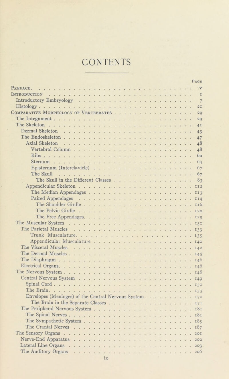 CONTENTS Page Preface v Introduction . i Introductory Embryology 7 Histology 21 Comparative Morphology of Vertebrates 29 The Integument 29 The Skeleton 41 Dermal Skeleton 43 The Endoskeleton 47 Axial Skeleton 48 Vertebral Column 48 Ribs 60 Sternum 64 Episternum (Interclavicle) 67 The Skull 67 The Skull in the Different Classes 83 Appendicular Skeleton 112 The Median Appendages 113 Paired Appendages 114 The Shoulder Girdle 116 The Pelvic Girdle 120 The Free Appendages 125 The Muscular System 131 The Parietal Muscles 133 Trunk Musculature 135 Appendicular Musculature 140 The Visceral Muscles 142 The Dermal Muscles 145 The Diaphragm 146 Electrical Organs 146 The Nervous System 148 Central Nervous System 149 Spinal Cord 150 The Brain 153 Envelopes (Meninges) of the Central Nervous System 170 The Brain in the Separate Classes 171 The Peripheral Nervous System 181 The Spinal Nerves 181 The Sympathetic System 185 The Cranial Nerves 187 The Sensory Organs 201 Nerve-End Apparatus 202 Lateral Line Organs 203 The Auditory Organs 206