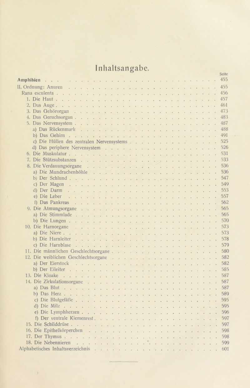 Inhaltsangabe. Seife Amphibien ... 455 II. Ordnung; Annren 455 Rana escnlenta 456 1. Die Haut 457 2. Das Auge 461 3. Das Gehörorgan 473 4. Das Geruchsorgan 483 5. Das Nervensystem 487 a) Das Rückenmark 488 b) Das Gehirn 491 c) Die Hüllen des zentralen Nervensystems .... 525 d) Das periphere Nervensystem 526 6. Die Muskulatur 531 7. Die Stützsubstanzen 533 8. Die Verdauungsorgane 536 a) Die Mundrachenhöhle 536 b) Der Schlund 547 c) Der Magen 549 d) Der Darm 553 e) Die Leber 557 f) Das Pankreas 562 9. Die Atmungsorgane 565 a) Die Stimmladc 565 b) Die Lungen 570 10. Die Harnorgane 573 a) Die Niere 573 b) Die Harnleiter 578 c) Die Harnblase 579 11. Die männlichen Geschlechtsorgane 580 12. Die weiblichen Geschlechtsorgane 582 a) Der Eierstock 582 b) Der Eileiter 585 13. Die Kloake 587 14. Die Zirkulationsorgane 587 a) Das Blut 587 b) Das Herz 589 c) Die Blutgefäße 595 d) Die Milz 595 e) Die Lymphherzen 596 f) Der ventrale Kiemenrest 597 15. Die Schilddrüse 597 16. Die Epithelkörperchen 598 17. Der Thymus 598 18. Die Nebennieren * 599 Alphabetisches Inhaltsverzeichnis 601