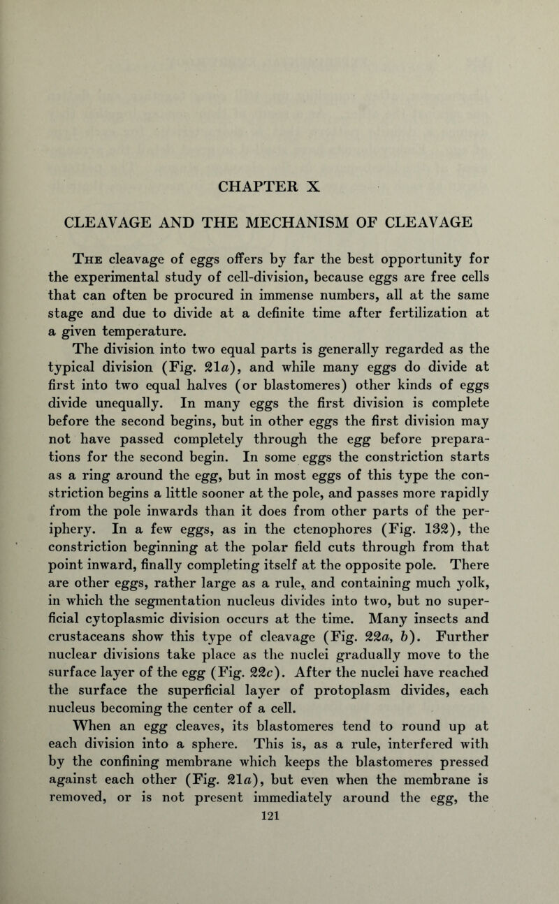 CHAPTER X CLEAVAGE AND THE MECHANISM OE CLEAVAGE The cleavage of eggs offers by far the best opportunity for the experimental study of cell-division, because eggs are free cells that can often be procured in immense numbers, all at the same stage and due to divide at a definite time after fertilization at a given temperature. The division into two equal parts is generally regarded as the typical division (Eig. 21&), and while many eggs do divide at first into two equal halves (or blastomeres) other kinds of eggs divide unequally. In many eggs the first division is complete before the second begins, but in other eggs the first division may not have passed completely through the egg before prepara- tions for the second begin. In some eggs the constriction starts as a ring around the egg, but in most eggs of this type the con- striction begins a little sooner at the pole, and passes more rapidly from the pole inwards than it does from other parts of the per- iphery. In a few eggs, as in the ctenophores (Fig. 132), the constriction beginning at the polar field cuts through from that point inward, finally completing itself at the opposite pole. There are other eggs, rather large as a rule, and containing much yolk, in which the segmentation nucleus divides into two, but no super- ficial cytoplasmic division occurs at the time. Many insects and crustaceans show this type of cleavage (Fig. 22&, b). Further nuclear divisions take place as the nuclei gradually move to the surface layer of the egg (Fig. 22c). After the nuclei have reached the surface the superficial layer of protoplasm divides, each nucleus becoming the center of a cell. When an egg cleaves, its blastomeres tend to round up at each division into a sphere. This is, as a rule, interfered with by the confining membrane which keeps the blastomeres pressed against each other (Fig. 21«), but even when the membrane is removed, or is not present immediately around the egg, the