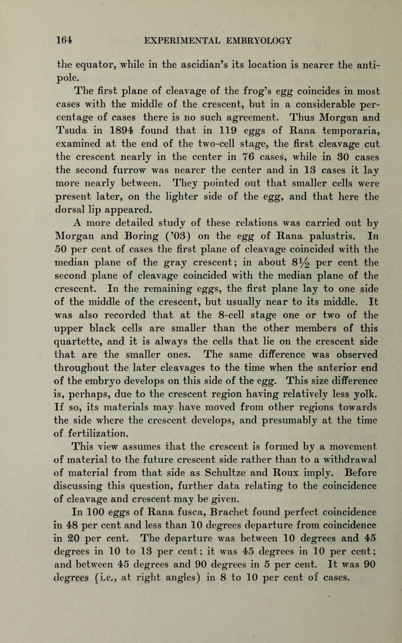 the equator, while in the ascidian’s its location is nearer the anti- pole. The first plane of cleavage of the frog’s egg coincides in most cases with the middle of the crescent, but in a considerable per- centage of cases there is no such agreement. Thus Morgan and Tsuda in 1894 found that in 119 eggs of Rana temporaria, examined at the end of the two-cell stage, the first cleavage cut the crescent nearly in the center in 76 cases, while in 30 cases the second furrow was nearer the center and in 13 cases it lay more nearly between. They pointed out that smaller cells were present later, on the lighter side of the egg, and that here the dorsal lip appeared. A more detailed study of these relations, was carried out by Morgan and Boring (’03) on the egg of Rana palustris. In 50 per cent of cases the first plane of cleavage coincided with the median plane of the gray crescent; in about 8% Per cent the second plane of cleavage coincided with the median plane of the crescent. In the remaining eggs, the first plane lay to one side of the middle of the crescent, but usually near to its middle. It was also recorded that at the 8-cell stage one or two of the upper black cells are smaller than the other members of this quartette, and it is always the cells that lie on the crescent side that are the smaller ones. The same difference was observed throughout the later cleavages to the time when the anterior end of the embryo develops on this side of the egg. This size difference is, perhaps, due to the crescent region having relatively less yolk. If so, its materials may have moved from other regions towards the side where the crescent develops, and presumably at the time of fertilization. This view assumes that the crescent is formed by a movement of material to the future crescent side rather than to a withdrawal of material from that side as Schultze and Roux imply. Before discussing this question, further data relating to the coincidence of cleavage and crescent may be given. In 100 eggs of Rana fusca, Brachet found perfect coincidence in 48 per cent and less than 10 degrees departure from coincidence in 20 per cent. The departure was between 10 degrees and 45 degrees in 10 to 13 per cent; it was 45 degrees in 10 per cent; and between 45 degrees and 90 degrees in 5 per cent. It was 90 degrees (be., at right angles) in 8 to 10 per cent of cases.