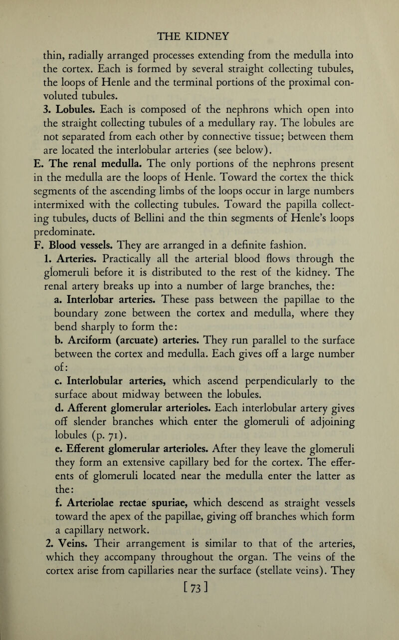 thin, radially arranged processes extending from the medulla into the cortex. Each is formed by several straight collecting tubules, the loops of Henle and the terminal portions of the proximal con- voluted tubules. 3. Lobules. Each is composed of the nephrons which open into the straight collecting tubules of a medullary ray. The lobules are not separated from each other by connective tissue; between them are located the interlobular arteries (see below). E. The renal medulla. The only portions of the nephrons present in the medulla are the loops of Henle. Toward the cortex the thick segments of the ascending limbs of the loops occur in large numbers intermixed with the collecting tubules. Toward the papilla collect- ing tubules, ducts of Bellini and the thin segments of Henle’s loops predominate. F. Blood vessels. They are arranged in a definite fashion. 1. Arteries. Practically all the arterial blood flows through the glomeruli before it is distributed to the rest of the kidney. The renal artery breaks up into a number of large branches, the: a. Interlobar arteries. These pass between the papillae to the boundary zone between the cortex and medulla, where they bend sharply to form the: b. Arciform (arcuate) arteries. They run parallel to the surface between the cortex and medulla. Each gives off a large number of: c. Interlobular arteries, which ascend perpendicularly to the surface about midway between the lobules. d. Afferent glomerular arterioles. Each interlobular artery gives off slender branches which enter the glomeruli of adjoining lobules (p. 71). e. Efferent glomerular arterioles. After they leave the glomeruli they form an extensive capillary bed for the cortex. The effer- ents of glomeruli located near the medulla enter the latter as the: f. Arteriolae rectae spuriae, which descend as straight vessels toward the apex of the papillae, giving off branches which form a capillary network. 2. Veins. Their arrangement is similar to that of the arteries, which they accompany throughout the organ. The veins of the cortex arise from capillaries near the surface (stellate veins). They [73]