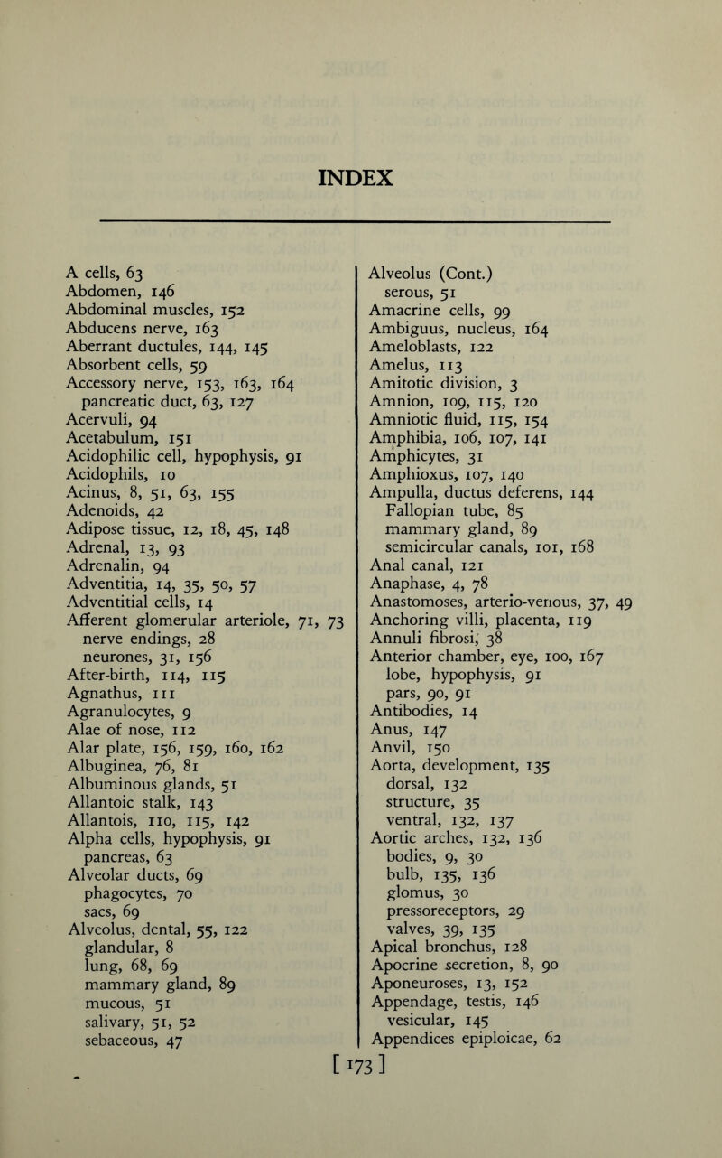 INDEX A cells, 63 Abdomen, 146 Abdominal muscles, 152 Abducens nerve, 163 Aberrant ductules, 144, 145 Absorbent cells, 59 Accessory nerve, 153, 163, 164 pancreatic duct, 63, 127 Acervuli, 94 Acetabulum, 151 Acidophilic cell, hypophysis, 91 Acidophils, 10 Acinus, 8, 51, 63, 155 Adenoids, 42 Adipose tissue, 12, 18, 45, 148 Adrenal, 13, 93 Adrenalin, 94 Adventitia, 14, 35, 50, 57 Adventitial cells, 14 Afferent glomerular arteriole, 71, 73 nerve endings, 28 neurones, 31, 156 After-birth, 114, 115 Agnathus, hi Agranulocytes, 9 Alae of nose, 112 Alar plate, 156, 159, 160, 162 Albuginea, 76, 81 Albuminous glands, 51 Allantoic stalk, 143 Allantois, no, 115, 142 Alpha cells, hypophysis, 91 pancreas, 63 Alveolar ducts, 69 phagocytes, 70 sacs, 69 Alveolus, dental, 55, 122 glandular, 8 lung, 68, 69 mammary gland, 89 mucous, 51 salivary, 51, 52 sebaceous, 47 Alveolus (Cont.) serous, 51 Amacrine cells, 99 Ambiguus, nucleus, 164 Ameloblasts, 122 Amelus, 113 Amitotic division, 3 Amnion, 109, 115, 120 Amniotic fluid, 115, 154 Amphibia, 106, 107, 141 Amphicytes, 31 Amphioxus, 107, 140 Ampulla, ductus deferens, 144 Fallopian tube, 85 mammary gland, 89 semicircular canals, 101, 168 Anal canal, 121 Anaphase, 4, 78 Anastomoses, arterio-venous, 37, 49 Anchoring villi, placenta, 119 Annuli fibrosi, 38 Anterior chamber, eye, 100, 167 lobe, hypophysis, 91 pars, 90, 91 Antibodies, 14 Anus, 147 Anvil, 150 Aorta, development, 135 dorsal, 132 structure, 35 ventral, 132, 137 Aortic arches, 132, 136 bodies, 9, 30 bulb, 135, 136 glomus, 30 pressoreceptors, 29 valves, 39, 135 Apical bronchus, 128 Apocrine secretion, 8, 90 Aponeuroses, 13, 152 Appendage, testis, 146 vesicular, 145 Appendices epiploicae, 62 [ 173]