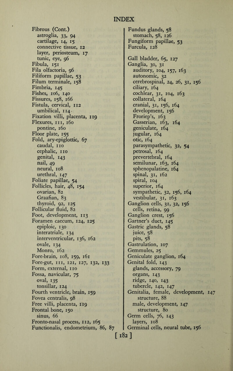 Fibrous (Cont.) astroglia, 33, 94 cartilage, 14, 15 connective tissue, 12 layer, periosteum, 17 tunic, eye, 96 Fibula, 151 Fila olfactoria, 96 Filiform papillae, 53 Filum terminale, 158 Fimbria, 145 Fishes, 106, 140 Fissures, 158, 166 Fistula, cervical, 112 umbilical, 114 Fixation villi, placenta, 119 Flexures, in, 160 pontine, 160 Floor plate, 155 Fold, ary-epiglottic, 67 caudal, no cephalic, no genital, 143 nail, 49 neural, 108 urethral, 147 Foliate papillae, 54 Follicles, hair, 48, 154 ovarian, 82 Graafian, 83 thyroid, 92, 125 Follicular fluid, 82 Foot, development, 113 Foramen caecum, 124, 125 epiploic, 130 interatriale, 134 interventricular, 136, 162 ovale, 134 Monro, 162 Fore-brain, 108, 159, 161 Fore-gut, in, 121, 127, 132, 133 Form, external, no Fossa, navicular, 75 oval, 135 tonsillar, 124 Fourth ventricle, brain, 159 Fovea centralis, 98 Free villi, placenta, 119 Frontal bone, 150 sinus, 66 Fronto-nasal process, 112, 165 Functionalis, endometrium, 86, 87 Fundus glands, 58 stomach, 58, 126 Fungiform papillae, 53 Furcula, 128 Gall bladder, 65, 127 Ganglia, 30, 31 auditory, 104, 157, 163 autonomic, 32 cerebrospinal, 24, 26, 31, 156 ciliary, 164 cochlear, 31, 104, 163 collateral, 164 cranial, 31, 156, 164 development, 156 Froriep’s, 163 Gasserian, 163, 164 geniculate, 164 jugular, 164 otic, 164 parasympathetic, 32, 54 petrosal, 164 prevertebral, 164 semilunar, 163, 164 sphenopalatine, 164 spinal, 31, 162 spiral, 104 superior, 164 sympathetic, 32, 156, 164 vestibular, 31, 163 Ganglion ceils, 31, 32, 156 cells, retina, 99 Ganglion crest, 156 Gartner’s duct, 145 Gastric glands, 58 juice, 58 pits, 58 Gastrulation, 107 Gemmules, 25 Geniculate ganglion, 164 Genital fold, 143 glands, accessory, 79 organs, 143 ridge, 140, 143 tubercle, 142, 147 Genitalia, female, development, 147 structure, 88 male, development, 147 structure, 80 Germ cells, 76, 143 layers, 108 Germinal cells, neural tube, 156 [182]