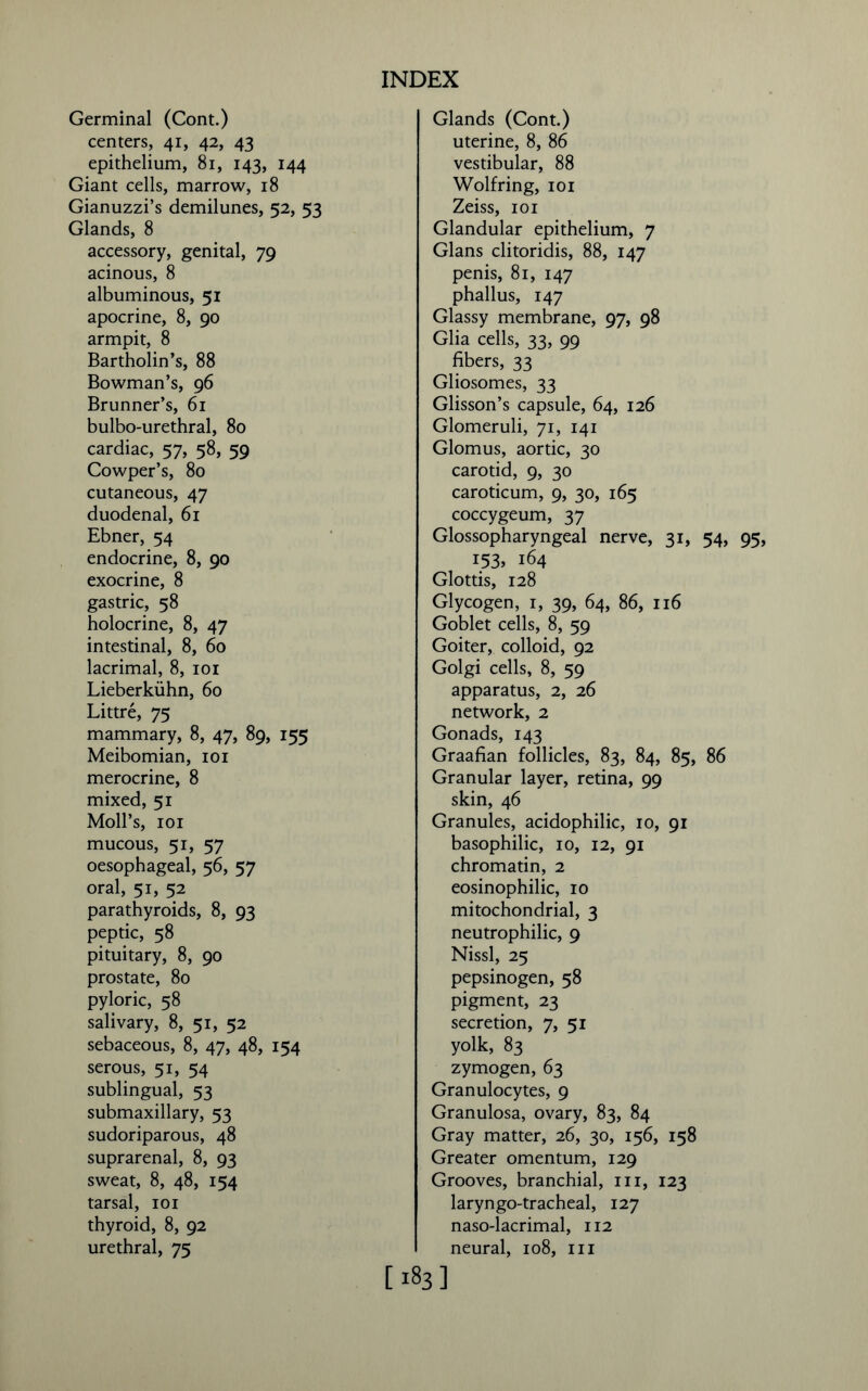 Germinal (Cont.) centers, 41, 42, 43 epithelium, 81, 143, 144 Giant cells, marrow, 18 Gianuzzi’s demilunes, 52, 53 Glands, 8 accessory, genital, 79 acinous, 8 albuminous, 51 apocrine, 8, 90 armpit, 8 Bartholin’s, 88 Bowman’s, 96 Brunner’s, 61 bulbo-urethral, 80 cardiac, 57, 58, 59 Cowper’s, 80 cutaneous, 47 duodenal, 61 Ebner, 54 endocrine, 8, 90 exocrine, 8 gastric, 58 holocrine, 8, 47 intestinal, 8, 60 lacrimal, 8, 101 Lieberkiihn, 60 Littre, 75 mammary, 8, 47, 89, 155 Meibomian, 101 merocrine, 8 mixed, 51 Moll’s, 101 mucous, 51, 57 oesophageal, 56, 57 oral, 51, 52 parathyroids, 8, 93 peptic, 58 pituitary, 8, 90 prostate, 80 pyloric, 58 salivary, 8, 51, 52 sebaceous, 8, 47, 48, 154 serous, 51, 54 sublingual, 53 submaxillary, 53 sudoriparous, 48 suprarenal, 8, 93 sweat, 8, 48, 154 tarsal, 101 thyroid, 8, 92 urethral, 75 Glands (Cont.) uterine, 8, 86 vestibular, 88 Wolfring, 101 Zeiss, 101 Glandular epithelium, 7 Gians clitoridis, 88, 147 penis, 81, 147 phallus, 147 Glassy membrane, 97, 98 Glia cells, 33, 99 fibers, 33 Gliosomes, 33 Glisson’s capsule, 64, 126 Glomeruli, 71, 141 Glomus, aortic, 30 carotid, 9, 30 caroticum, 9, 30, 165 coccygeum, 37 Glossopharyngeal nerve, 31, 54, 95, r53» 164 Glottis, 128 Glycogen, 1, 39, 64, 86, 116 Goblet cells, 8, 59 Goiter, colloid, 92 Golgi cells, 8, 59 apparatus, 2, 26 network, 2 Gonads, 143 Graafian follicles, 83, 84, 85, 86 Granular layer, retina, 99 skin, 46 Granules, acidophilic, 10, 91 basophilic, 10, 12, 91 chromatin, 2 eosinophilic, 10 mitochondrial, 3 neutrophilic, 9 Nissl, 25 pepsinogen, 58 pigment, 23 secretion, 7, 51 yolk, 83 zymogen, 63 Granulocytes, 9 Granulosa, ovary, 83, 84 Gray matter, 26, 30, 156, 158 Greater omentum, 129 Grooves, branchial, hi, 123 laryngo-tracheal, 127 naso-lacrimal, 112 neural, 108, in [183]