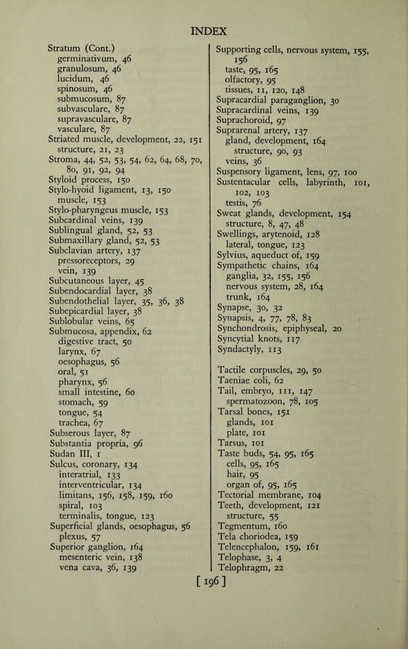 Stratum (Cont.) germinativum, 46 granulosum, 46 lucidum, 46 spinosum, 46 submucosum, 87 subvasculare, 87 supravasculare, 87 vasculare, 87 Striated muscle, development, 22, 151 structure, 21, 23 Stroma, 44, 52, 53, 54, 62, 64, 68, 70, 80, 91, 92, 94 Styloid process, 150 Stylo-hyoid ligament, 13, 150 muscle, 153 Stylo-pharyngeus muscle, 153 Subcardinal veins, 139 Sublingual gland, 52, 53 Submaxillary gland, 52, 53 Subclavian artery, 137 pressoreceptors, 29 vein, 139 Subcutaneous layer, 45 Subendocardial layer, 38 Subendothelial layer, 35, 36, 38 Subepicardial layer, 38 Sublobular veins, 65 Submucosa, appendix, 62 digestive tract, 50 larynx, 67 oesophagus, 56 oral, 51 pharynx, 56 small intestine, 60 stomach, 59 tongue, 54 trachea, 67 Subserous layer, 87 Substantia propria, 96 Sudan III, 1 Sulcus, coronary, 134 interatrial, 133 interventricular, 134 limitans, 156, 158, 159, 160 spiral, 103 terminalis, tongue, 123 Superficial glands, oesophagus, 56 plexus, 57 Superior ganglion, 164 mesenteric vein, 138 vena cava, 36, 139 Supporting cells, nervous system, 155 156 taste, 95, 165 olfactory, 95 tissues, 11, 120, 148 Supracardial paraganglion, 30 Supracardinal veins, 139 Suprachoroid, 97 Suprarenal artery, 137 gland, development, 164 structure, 90, 93 veins, 36 Suspensory ligament, lens, 97, 100 Sustentacular cells, labyrinth, 101 102, 103 testis, 76 Sweat glands, development, 154 structure, 8, 47, 48 Swellings, arytenoid, 128 lateral, tongue, 123 Sylvius, aqueduct of, 159 Sympathetic chains, 164 ganglia, 32, 155, 156 nervous system, 28, 164 trunk, 164 Synapse, 30, 32 Synapsis, 4, 77, 78, 83 Synchondrosis, epiphyseal, 20 Syncytial knots, 117 Syndactyly, 113 Tactile corpuscles, 29, 50 Taeniae coli, 62 Tail, embryo, 111, 147 spermatozoon, 78, 105 Tarsal bones, 151 glands, 101 plate, 101 Tarsus, 101 Taste buds, 54, 95, 165 cells, 95, 165 hair, 95 organ of, 95, 165 Tectorial membrane, 104 Teeth, development, 121 structure, 55 Tegmentum, 160 Tela choriodea, 159 Telencephalon, 159, 161 Telophase, 3, 4 Telophragm, 22 [ 196]