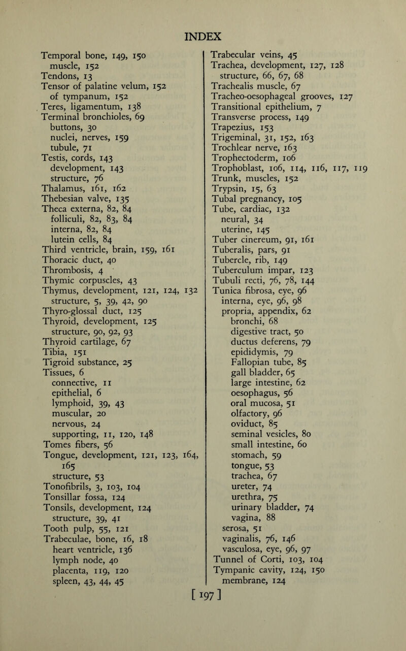 Temporal bone, 149, 150 muscle, 152 Tendons, 13 Tensor of palatine velum, 152 of tympanum, 152 Teres, ligamentum, 138 Terminal bronchioles, 69 buttons, 30 nuclei, nerves, 159 tubule, 71 Testis, cords, 143 development, 143 structure, 76 Thalamus, 161, 162 Thebesian valve, 135 Theca externa, 82, 84 folliculi, 82, 83, 84 interna, 82, 84 lutein cells, 84 Third ventricle, brain, 159, 161 Thoracic duct, 40 Thrombosis, 4 Thymic corpuscles, 43 Thymus, development, 121, 124, 132 structure, 5, 39, 42, 90 Thyro-glossal duct, 125 Thyroid, development, 125 structure, 90, 92, 93 Thyroid cartilage, 67 Tibia, 151 Tigroid substance, 25 Tissues, 6 connective, n epithelial, 6 lymphoid, 39, 43 muscular, 20 nervous, 24 supporting, n, 120, 148 Tomes fibers, 56 Tongue, development, 121, 123, 164, 165 structure, 53 Tonofibrils, 3, 103, 104 Tonsillar fossa, 124 Tonsils, development, 124 structure, 39, 41 Tooth pulp, 55, 121 Trabeculae, bone, 16, 18 heart ventricle, 136 lymph node, 40 placenta, 119, 120 spleen, 43, 44, 45 Trabecular veins, 45 Trachea, development, 127, 128 structure, 66, 67, 68 Trachealis muscle, 67 Tracheo-oesophageal grooves, 127 Transitional epithelium, 7 Transverse process, 149 Trapezius, 153 Trigeminal, 31, 152, 163 Trochlear nerve, 163 Trophectoderm, 106 Trophoblast, 106, 114, 116, 117, 119 Trunk, muscles, 152 Trypsin, 15, 63 Tubal pregnancy, 105 Tube, cardiac, 132 neural, 34 uterine, 145 Tuber cinereum, 91, 161 Tuberalis, pars, 91 Tubercle, rib, 149 Tuberculum impar, 123 Tubuli recti, 76, 78, 144 Tunica fibrosa, eye, 96 interna, eye, 96, 98 propria, appendix, 62 bronchi, 68 digestive tract, 50 ductus deferens, 79 epididymis, 79 Fallopian tube, 85 gall bladder, 65 large intestine, 62 oesophagus, 56 oral mucosa, 51 olfactory, 96 oviduct, 85 seminal vesicles, 80 small intestine, 60 stomach, 59 tongue, 53 trachea, 67 ureter, 74 urethra, 75 urinary bladder, 74 vagina, 88 serosa, 51 vaginalis, 76, 146 vasculosa, eye, 96, 97 Tunnel of Corti, 103, 104 Tympanic cavity, 124, 150 membrane, 124 [ 197]