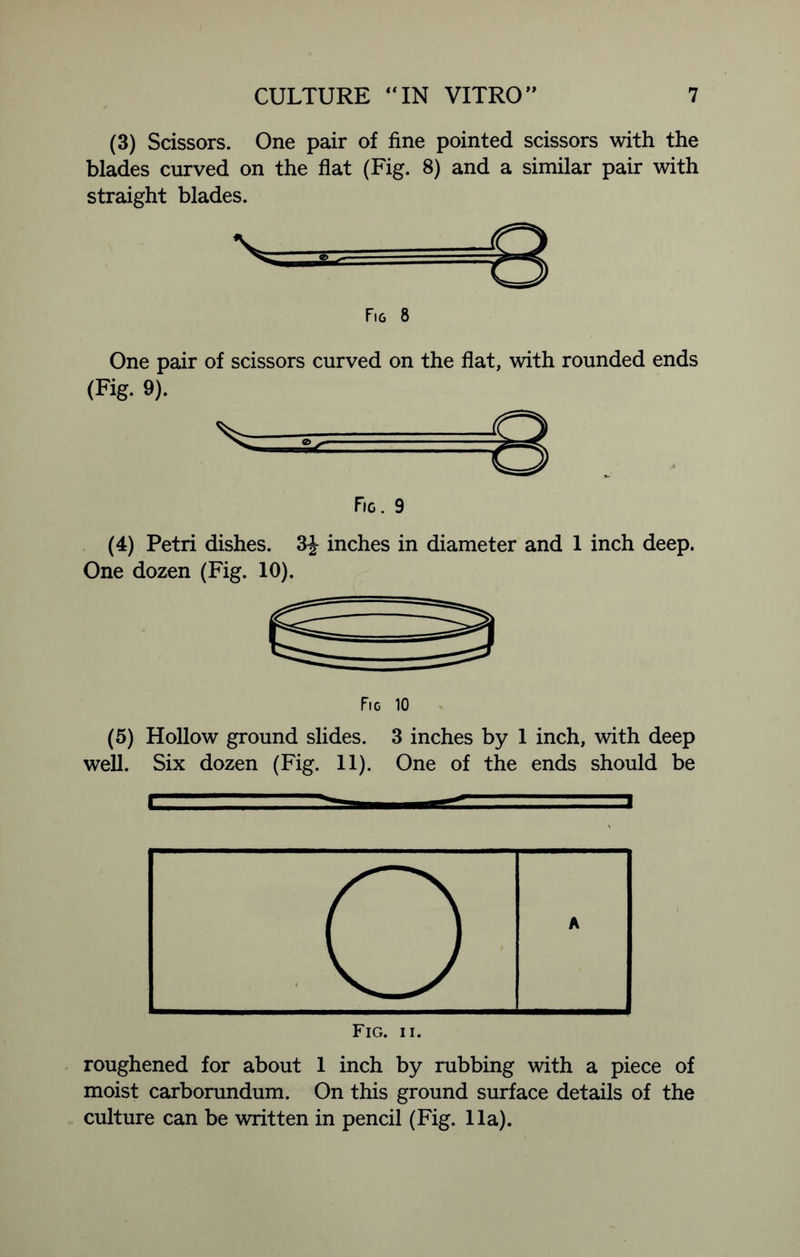 (3) Scissors. One pair of fine pointed scissors with the blades curved on the flat (Fig. 8) and a similar pair with straight blades. Fig 8 One pair of scissors curved on the flat, with rounded ends (Fig. 9). Pig. 9 (4) Petri dishes. inches in diameter and 1 inch deep. One dozen (Fig. 10). (5) Hollow ground slides. 3 inches by 1 inch, with deep well. Six dozen (Fig. 11). One of the ends should be roughened for about 1 inch by rubbing with a piece of moist carborundum. On this ground surface details of the culture can be written in pencil (Fig. 11a).